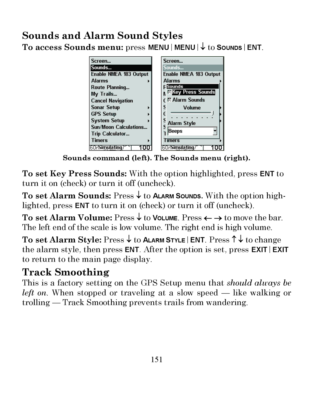 Eagle Electronics 350 S/MAP manual Sounds and Alarm Sound Styles, Track Smoothing, 151 