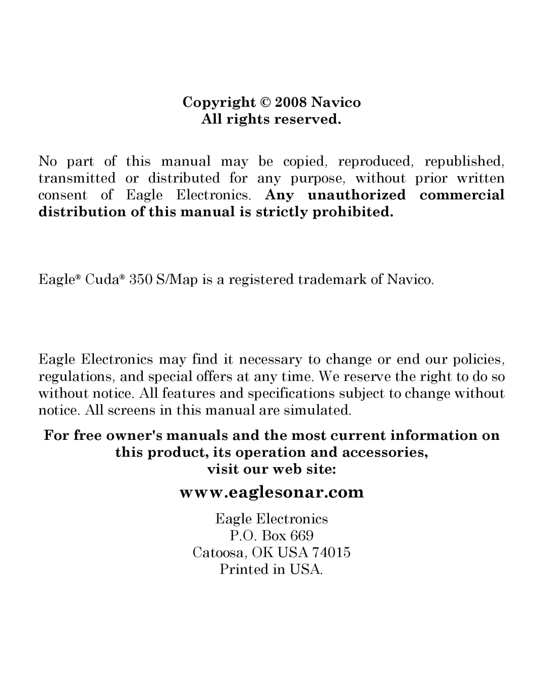 Eagle Electronics 350 S/MAP manual Copyright 2008 Navico All rights reserved 