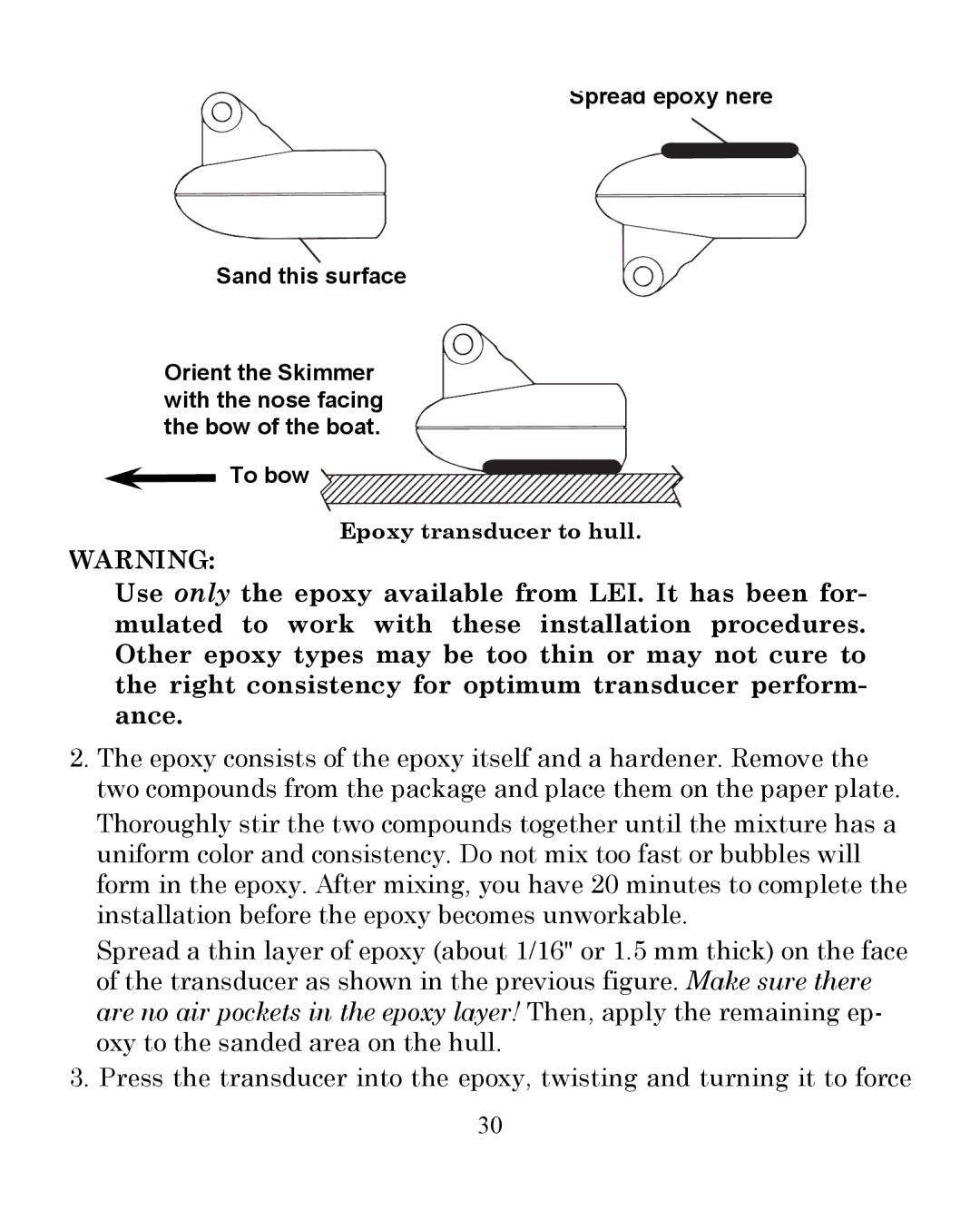 Eagle Electronics 350 S/MAP manual Epoxy transducer to hull 