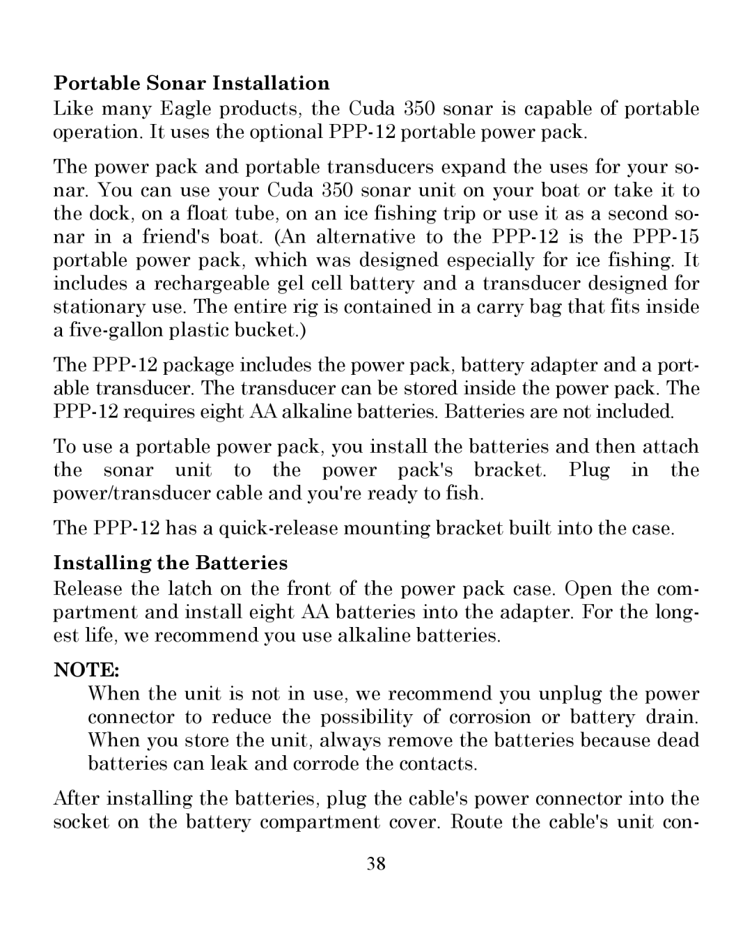 Eagle Electronics 350 S/MAP manual Portable Sonar Installation, Installing the Batteries 