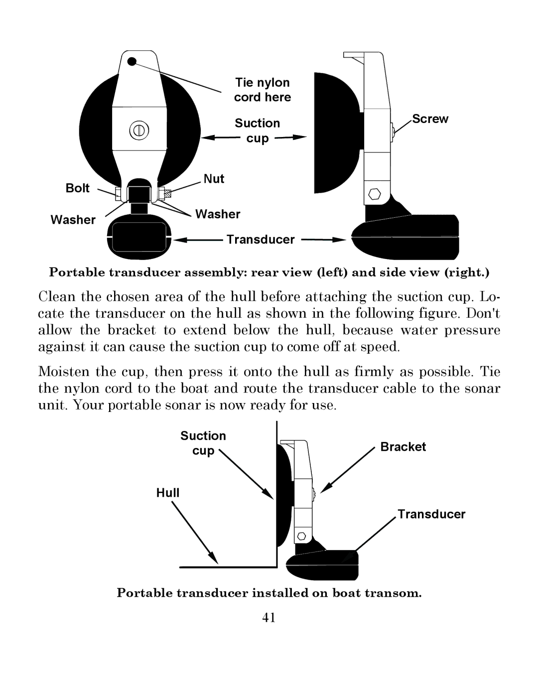 Eagle Electronics 350 S/MAP manual Portable transducer installed on boat transom 