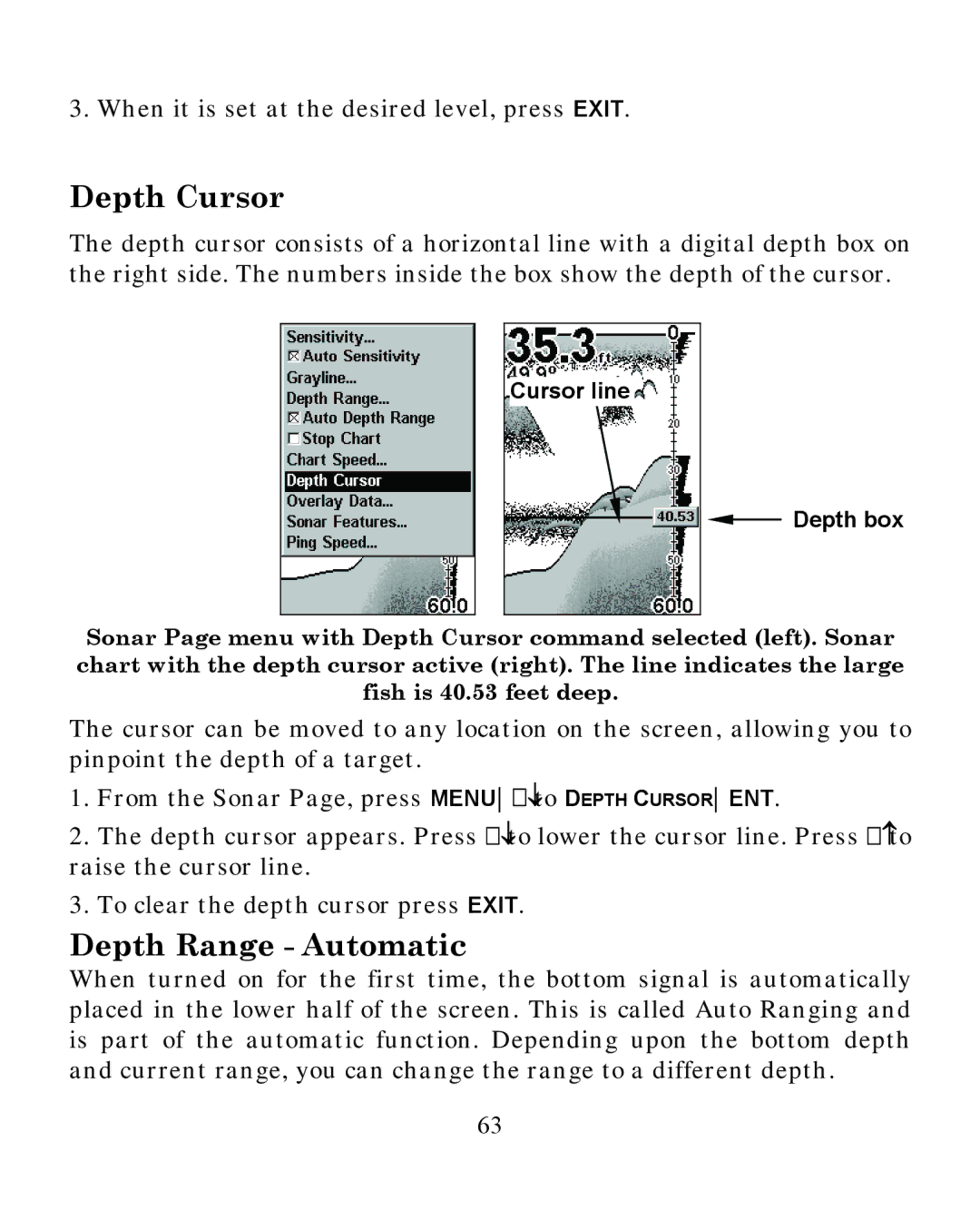 Eagle Electronics 350 S/MAP manual Depth Cursor, Depth Range Automatic 