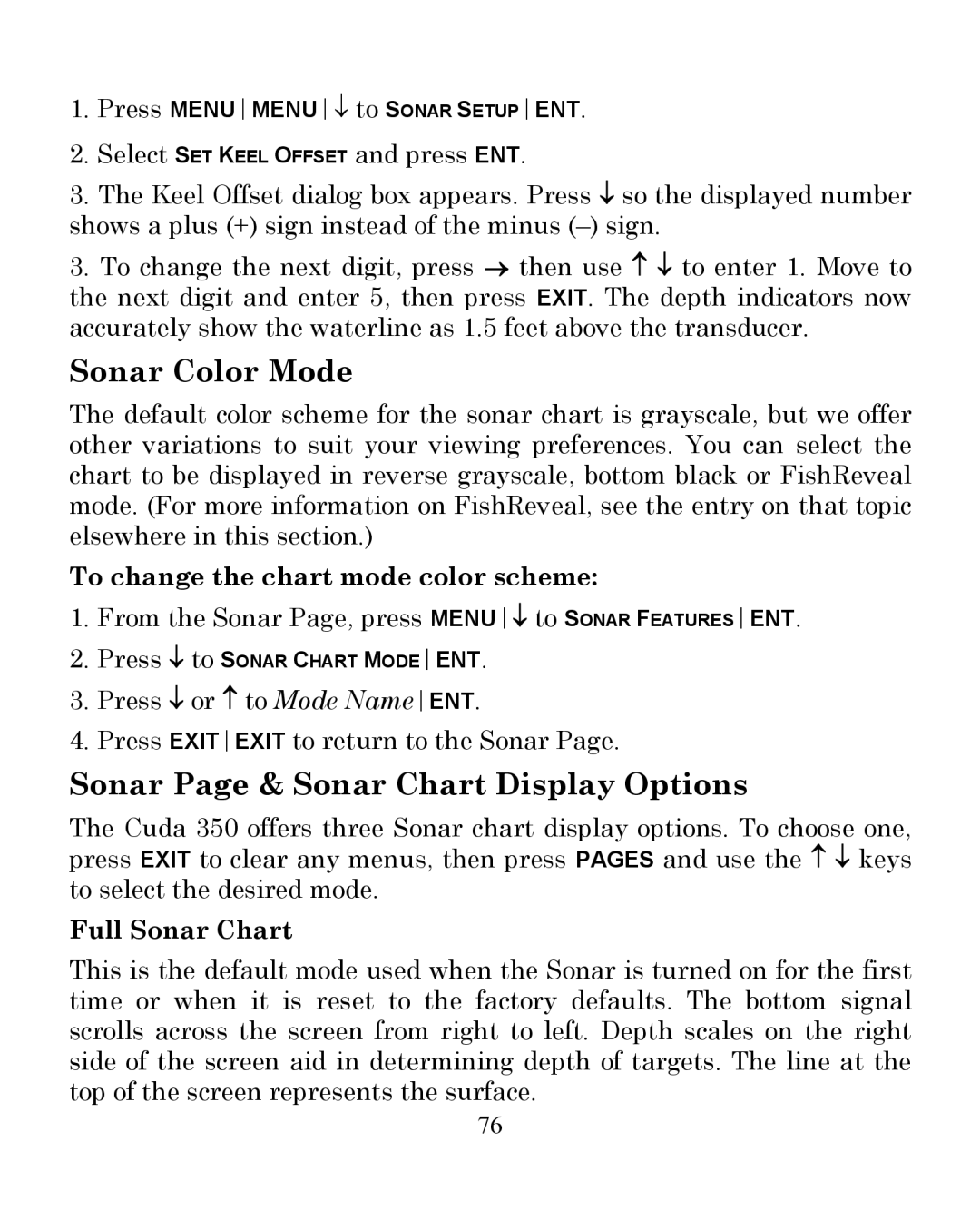 Eagle Electronics 350 S/MAP manual Sonar Color Mode, Sonar Page & Sonar Chart Display Options, Full Sonar Chart 