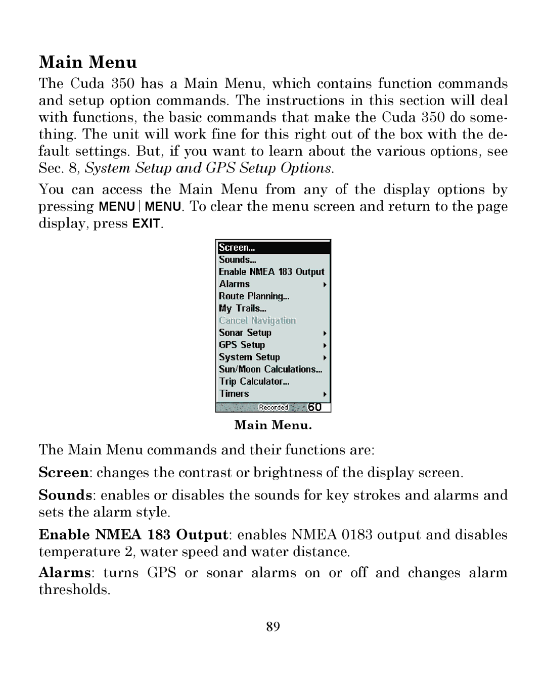 Eagle Electronics 350 S/MAP manual Main Menu 