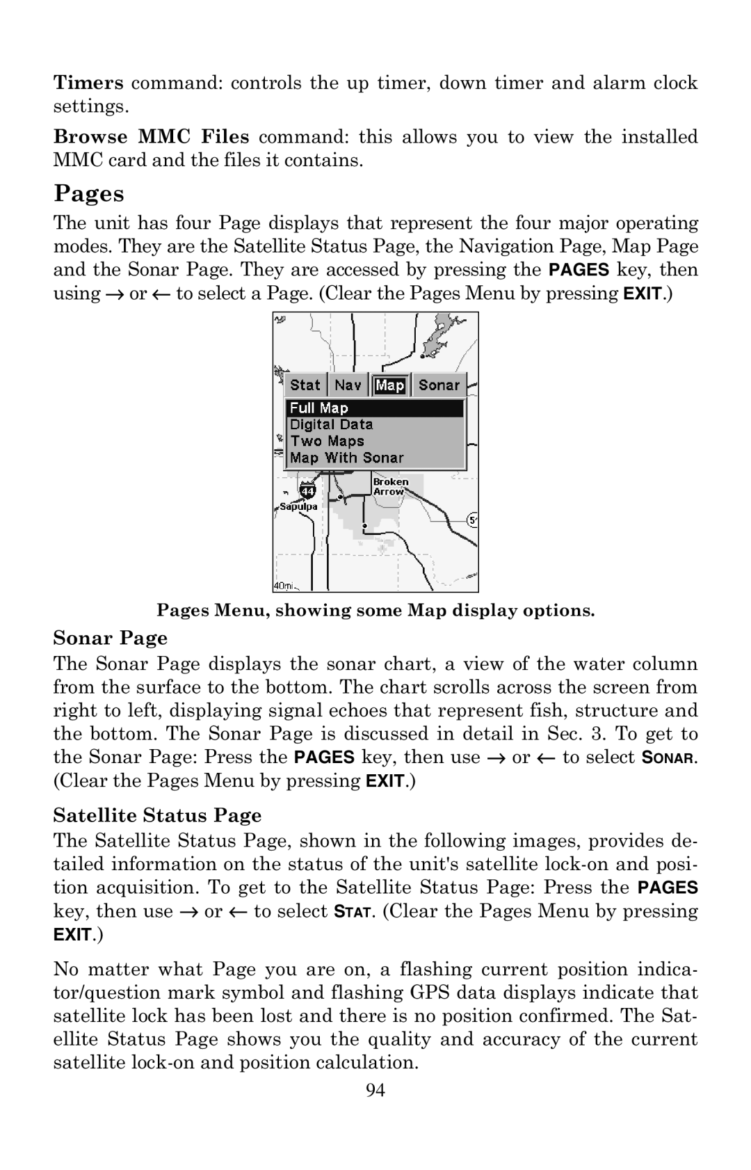 Eagle Electronics 500C, 500CDF manual Pages Menu, showing some Map display options 