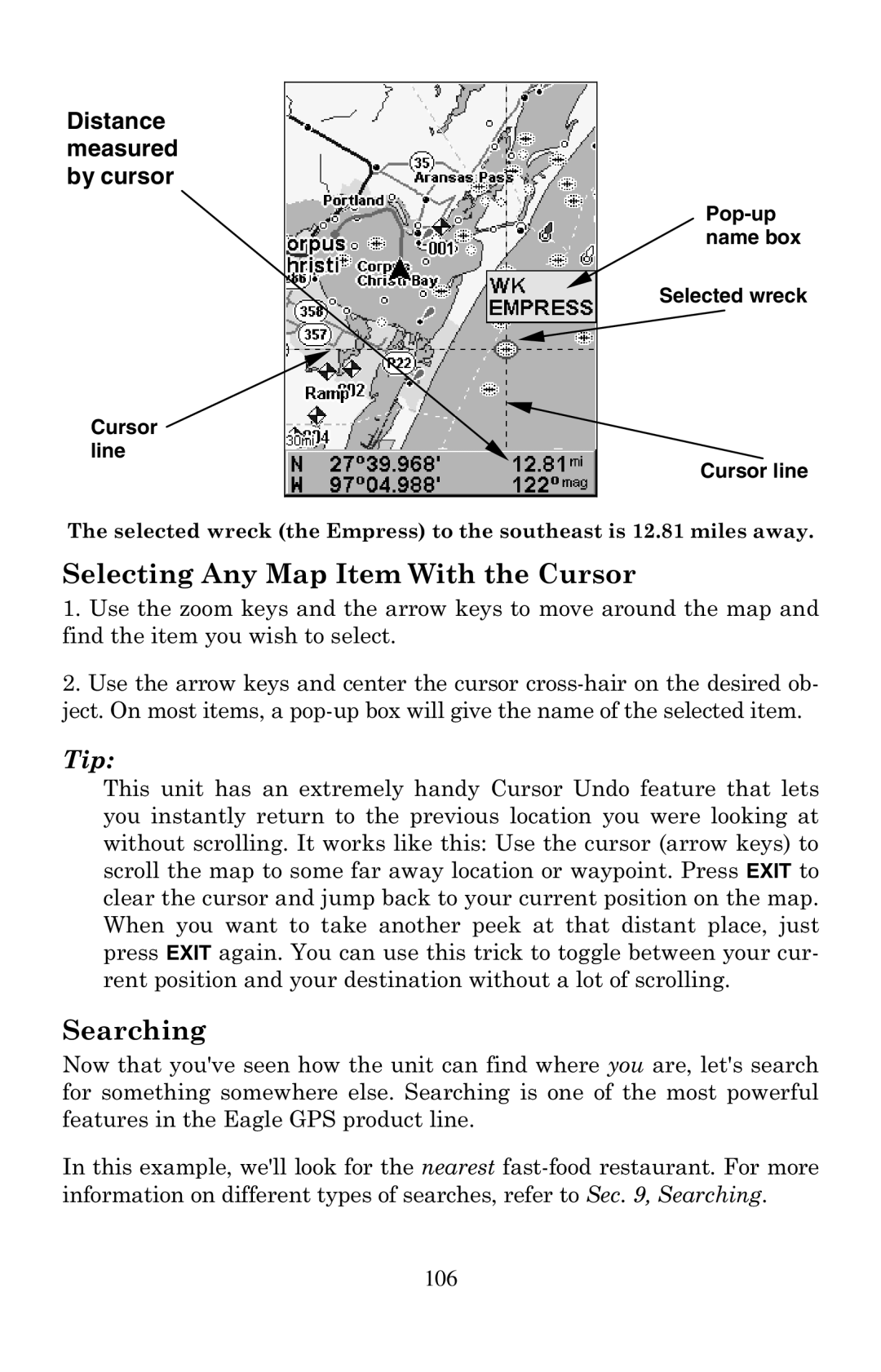 Eagle Electronics 500C, 500CDF manual Selecting Any Map Item With the Cursor, Searching 