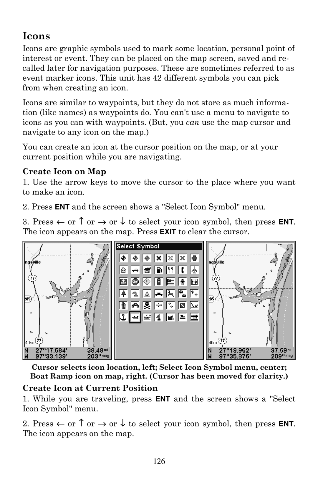 Eagle Electronics 500C, 500CDF manual Icons, Create Icon on Map, Create Icon at Current Position 