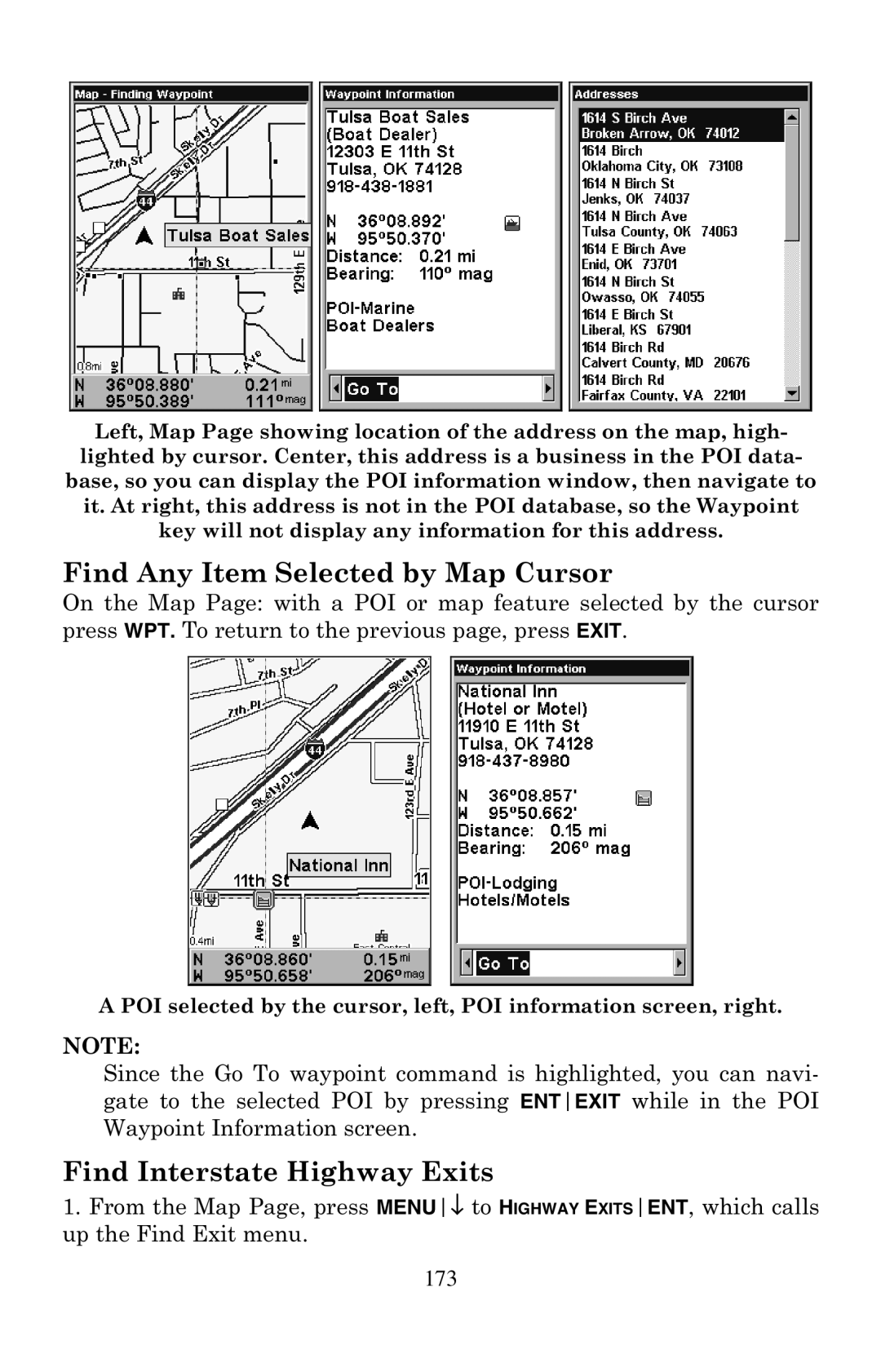 Eagle Electronics 500C, 500CDF manual Find Any Item Selected by Map Cursor, Find Interstate Highway Exits 