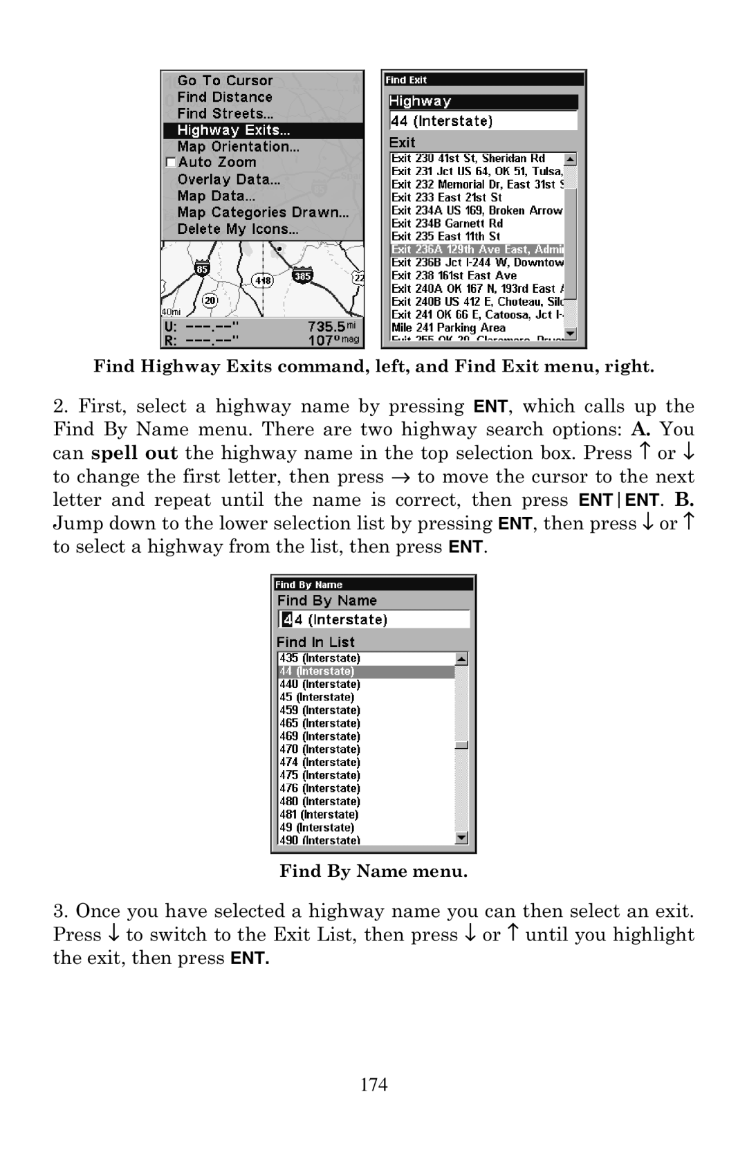 Eagle Electronics 500C, 500CDF manual Find Highway Exits command, left, and Find Exit menu, right 