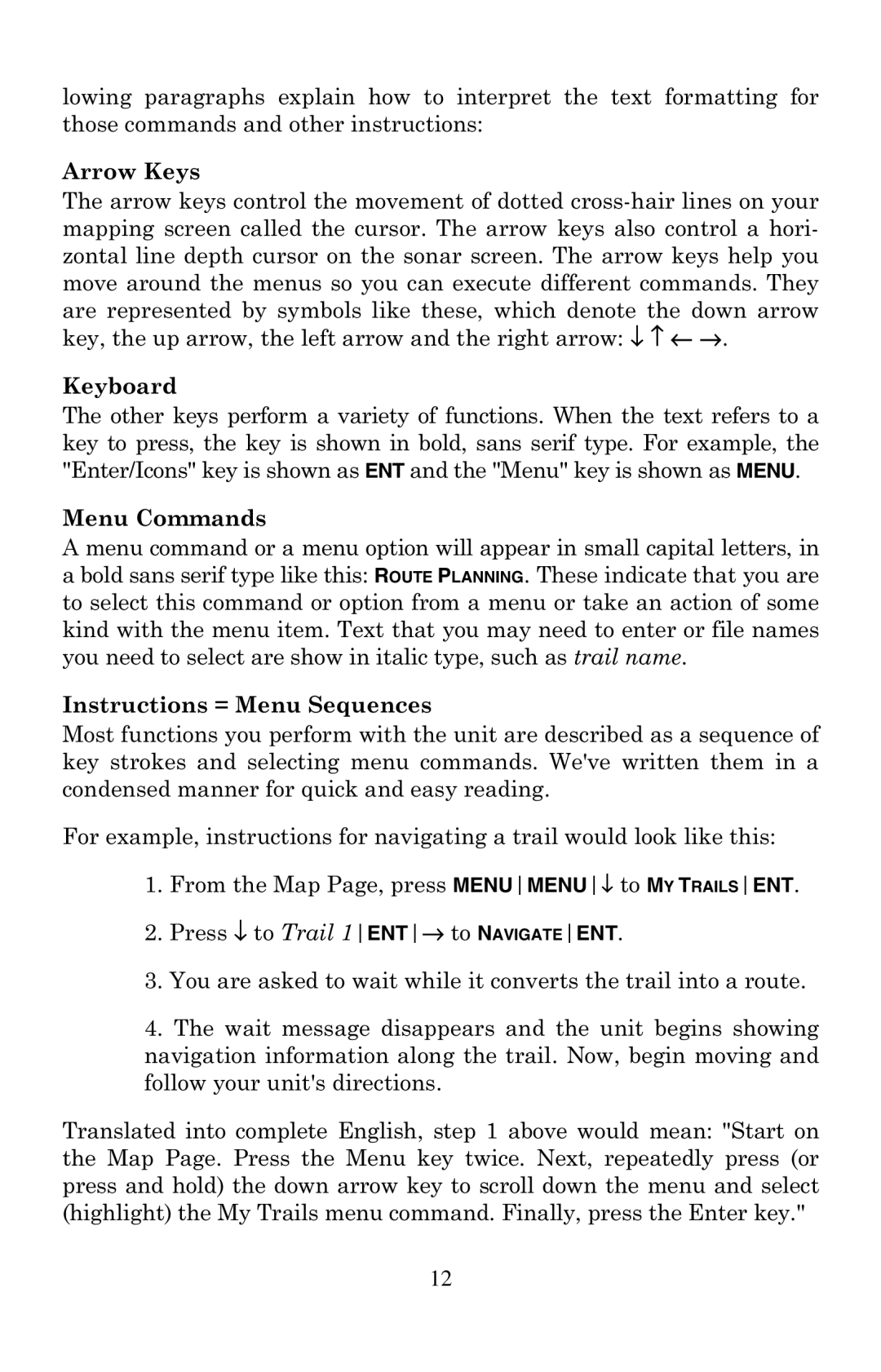 Eagle Electronics 500C, 500CDF manual Arrow Keys, Keyboard, Menu Commands, Instructions = Menu Sequences 