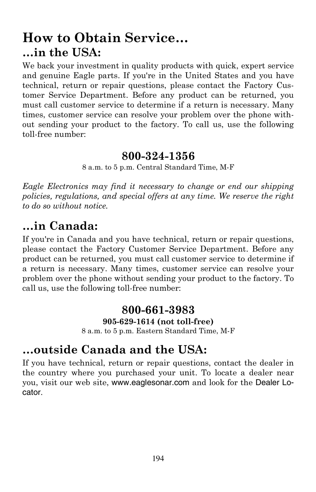 Eagle Electronics 500C, 500CDF manual How to Obtain Service…, Not toll-free 