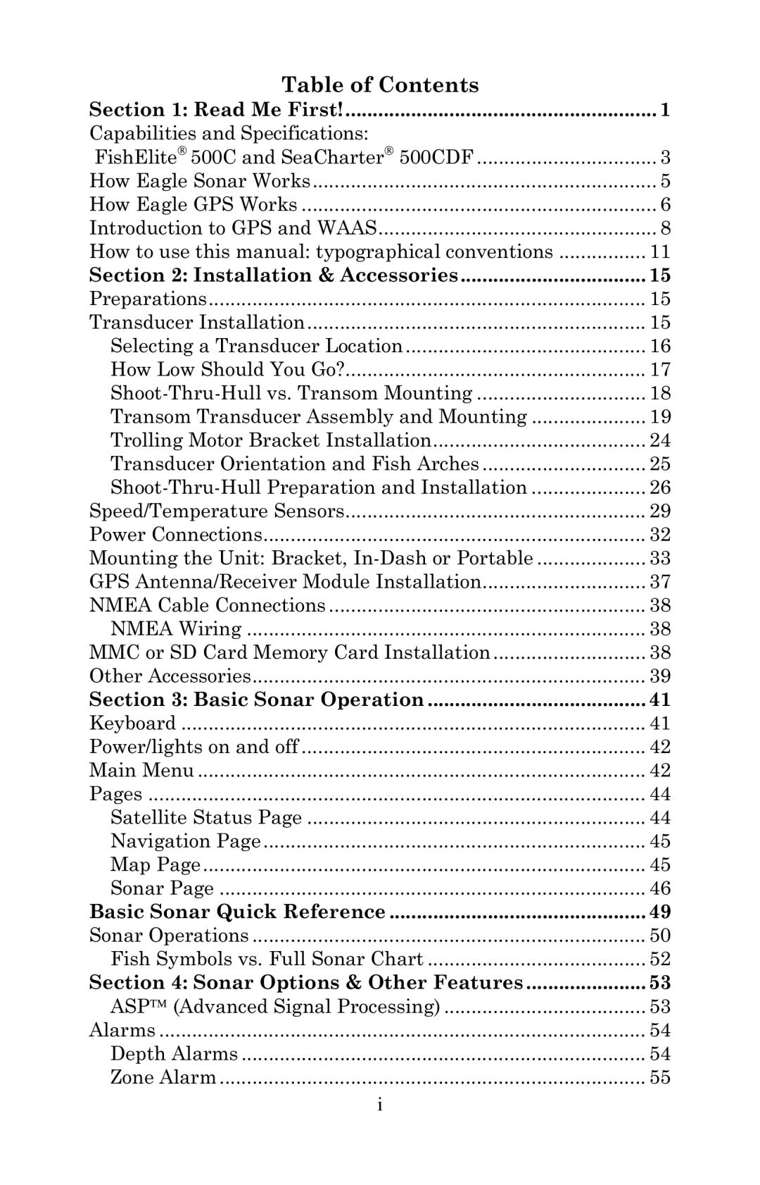 Eagle Electronics 500C, 500CDF manual Table of Contents 