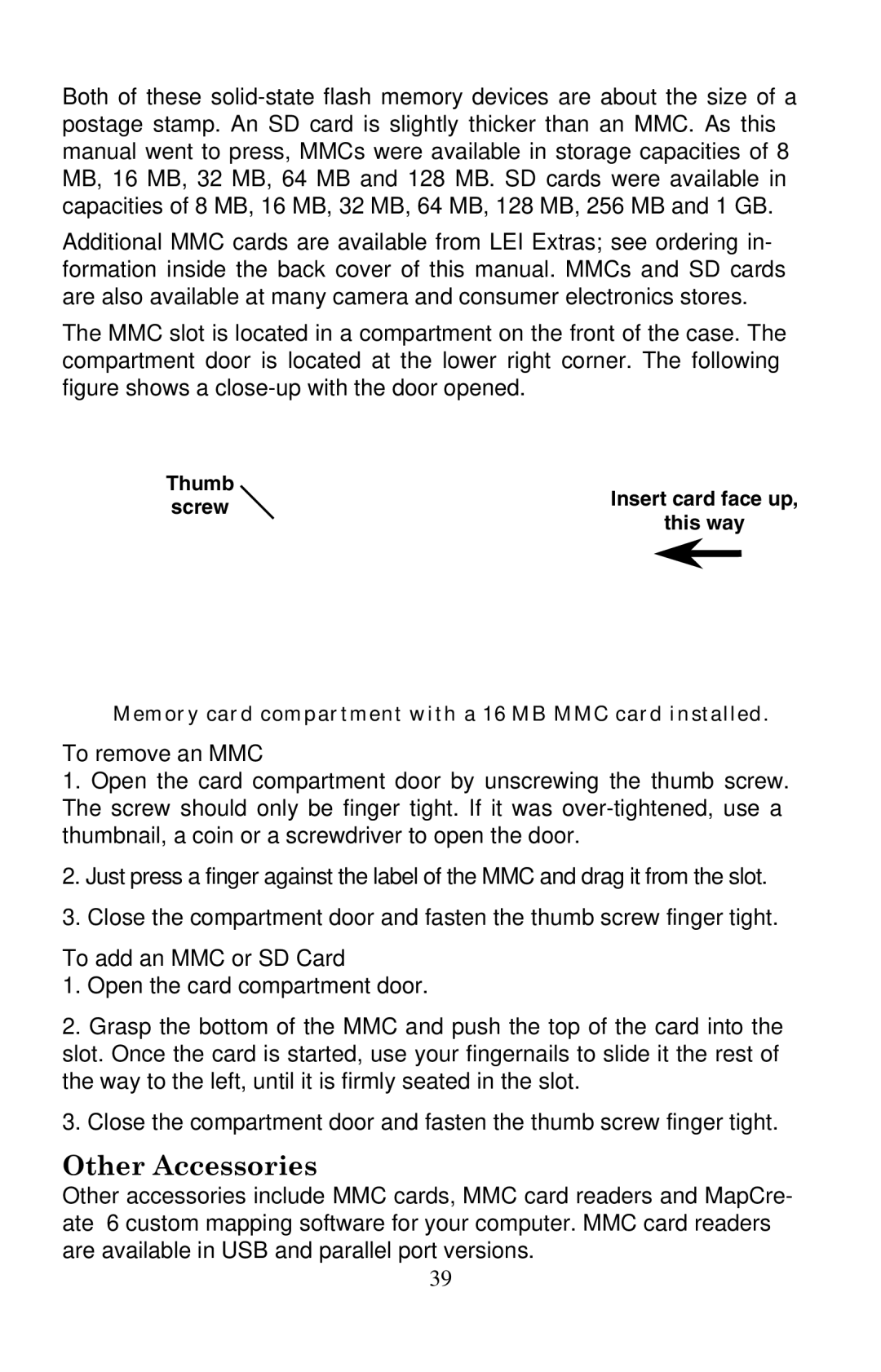 Eagle Electronics 500C, 500CDF manual Other Accessories, To remove an MMC, To add an MMC or SD Card 