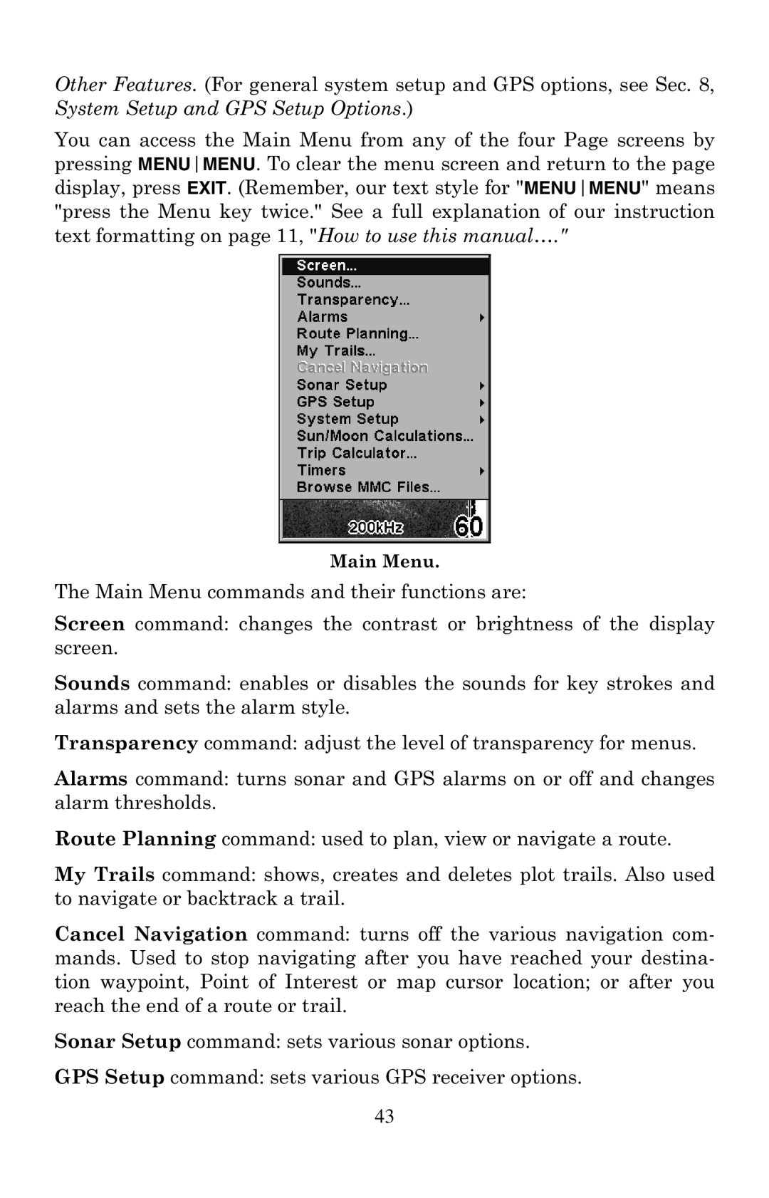 Eagle Electronics 500C, 500CDF manual Main Menu 