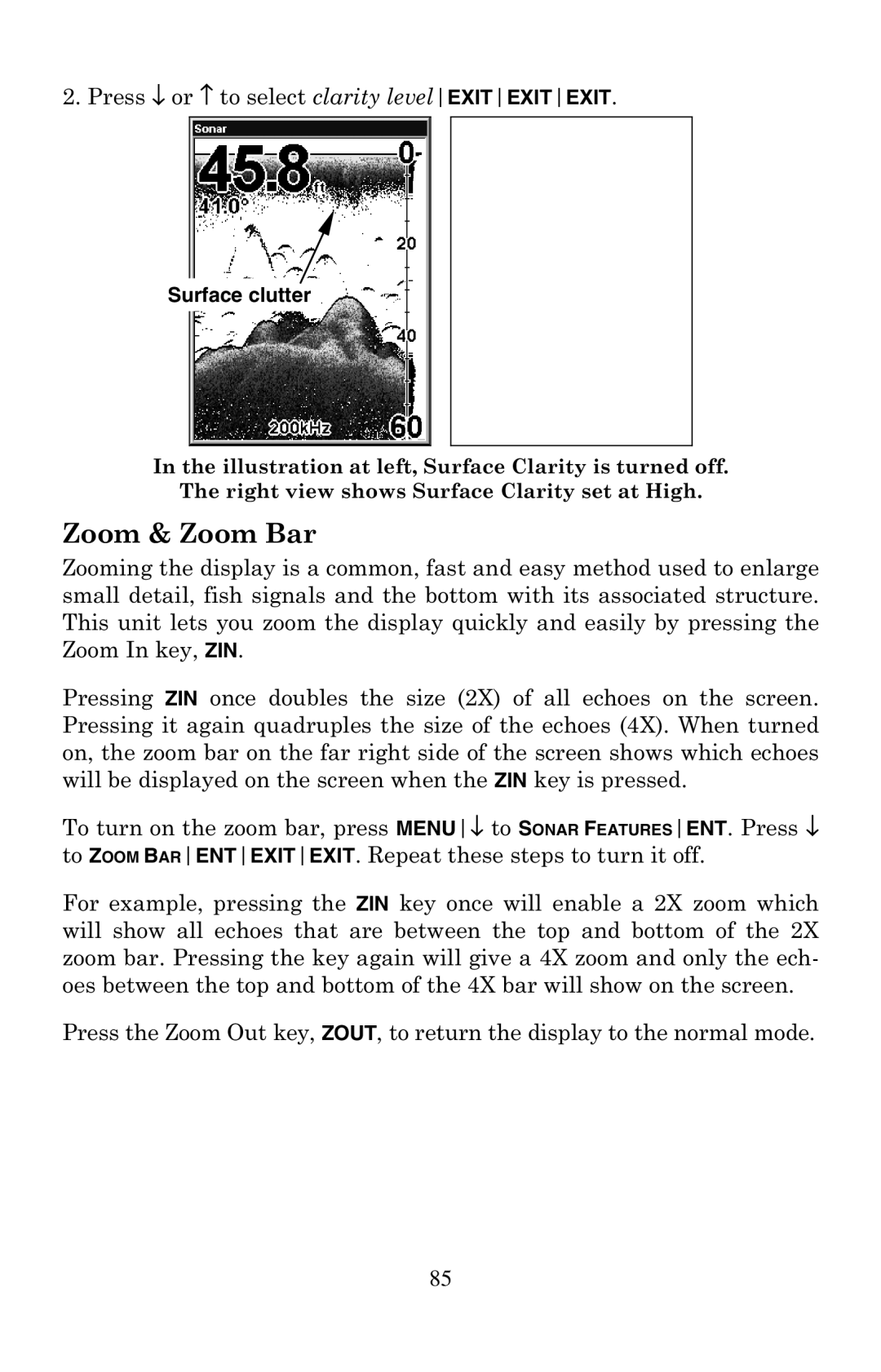 Eagle Electronics 500C, 500CDF manual Zoom & Zoom Bar, Surface clutter 