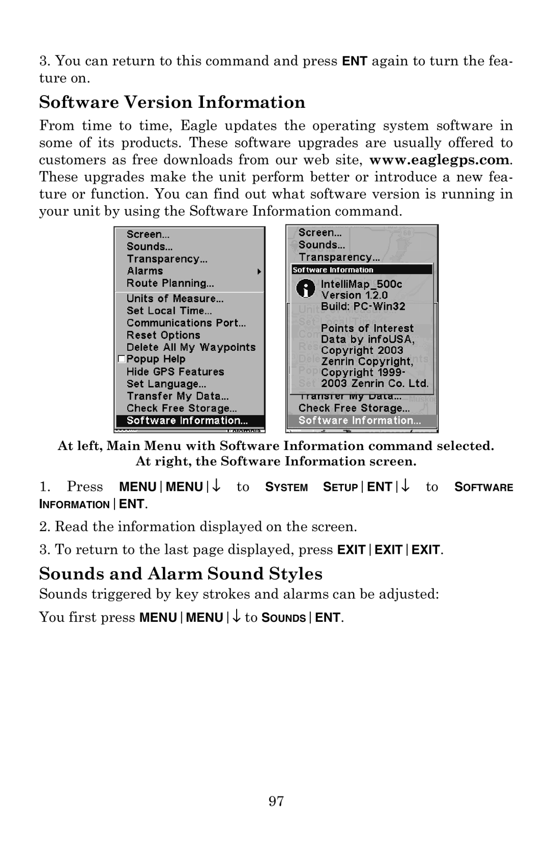 Eagle Electronics 500C manual Software Version Information 