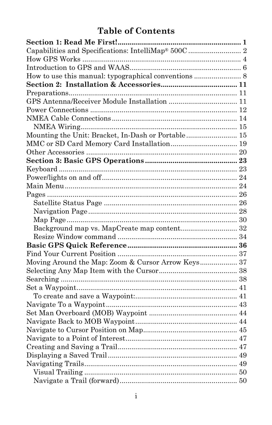 Eagle Electronics 500C manual Table of Contents 