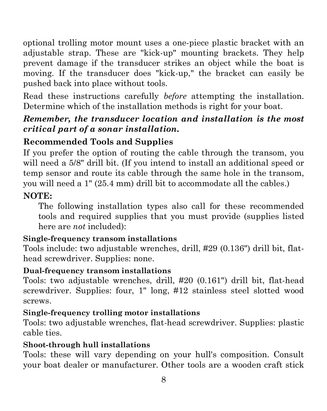 Eagle Electronics 500C manual Single-frequency transom installations 