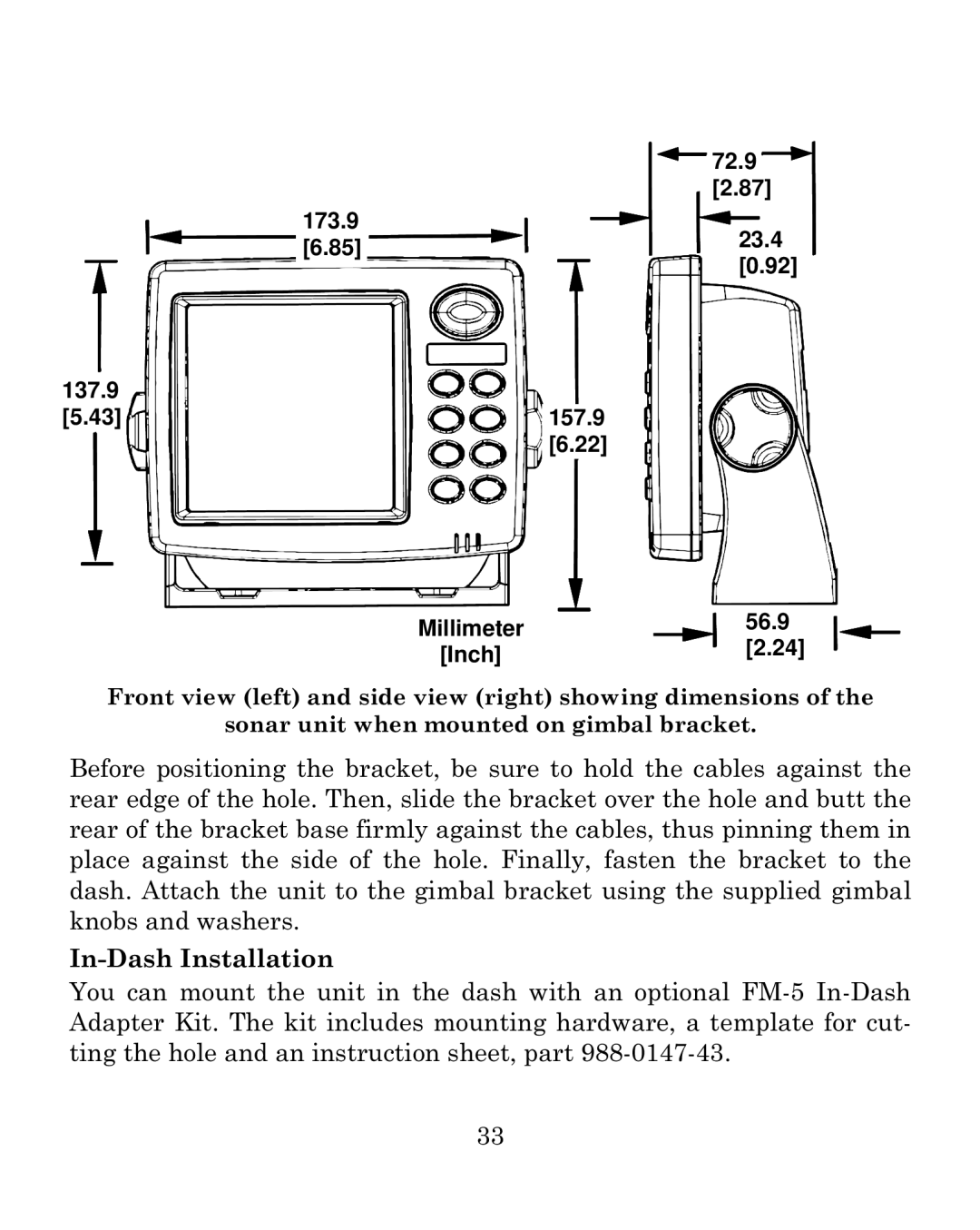 Eagle Electronics 500C manual 72.9 173.9 23.4 157.9 Millimeter 56.9 Inch 