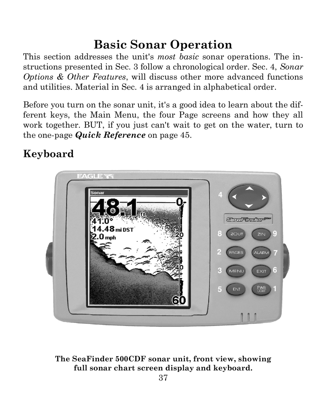 Eagle Electronics 500C manual Basic Sonar Operation, Keyboard 