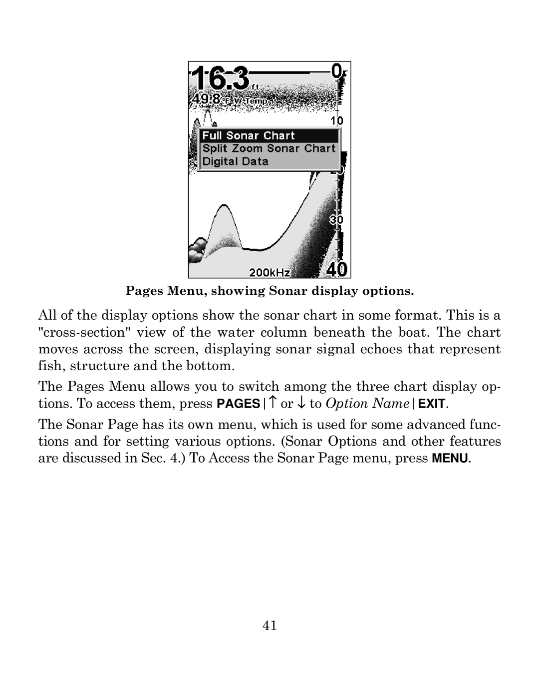 Eagle Electronics 500C manual Pages Menu, showing Sonar display options 