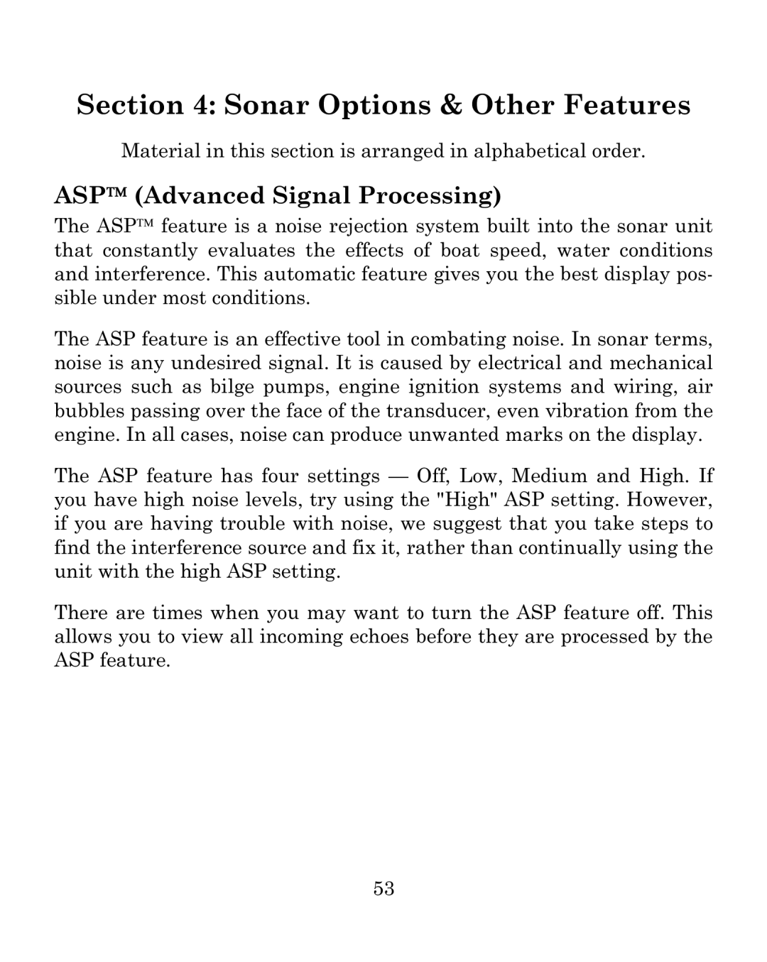 Eagle Electronics 500C manual Sonar Options & Other Features, ASP Advanced Signal Processing 