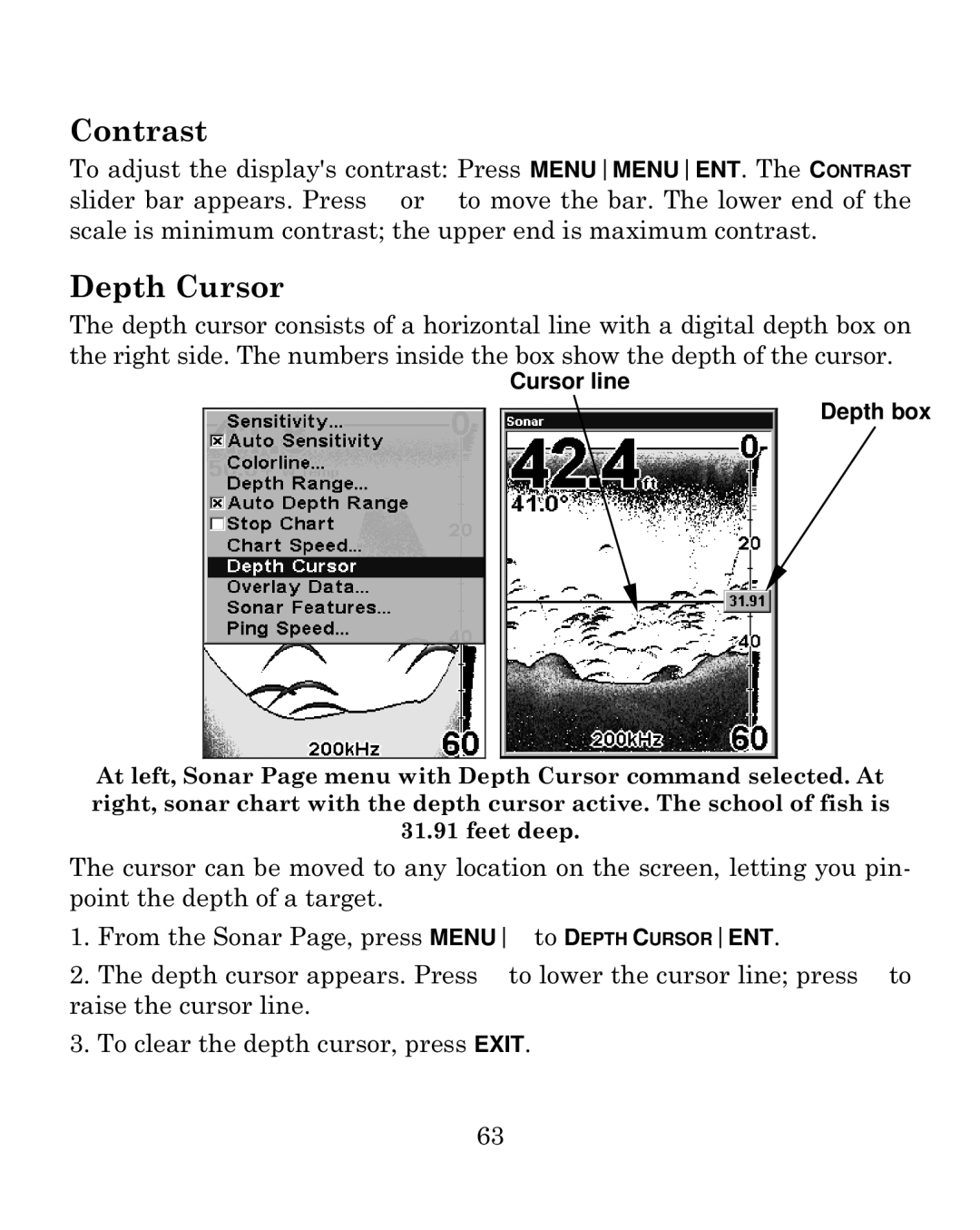 Eagle Electronics 500C manual Contrast, Depth Cursor 