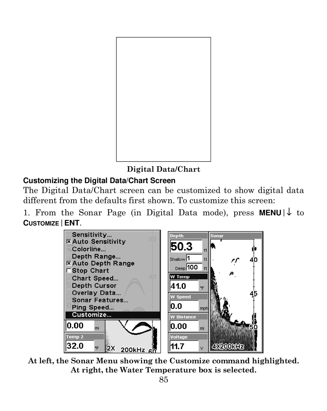 Eagle Electronics 500C manual Customizing the Digital Data/Chart Screen 