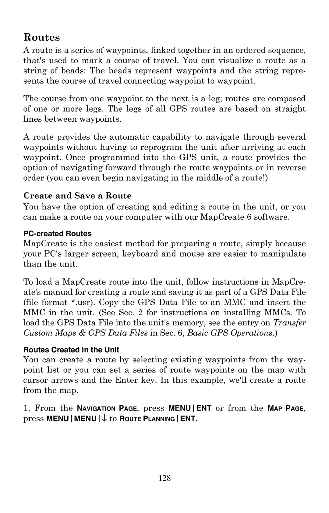 Eagle Electronics 500C manual Create and Save a Route, PC-created Routes, Routes Created in the Unit 