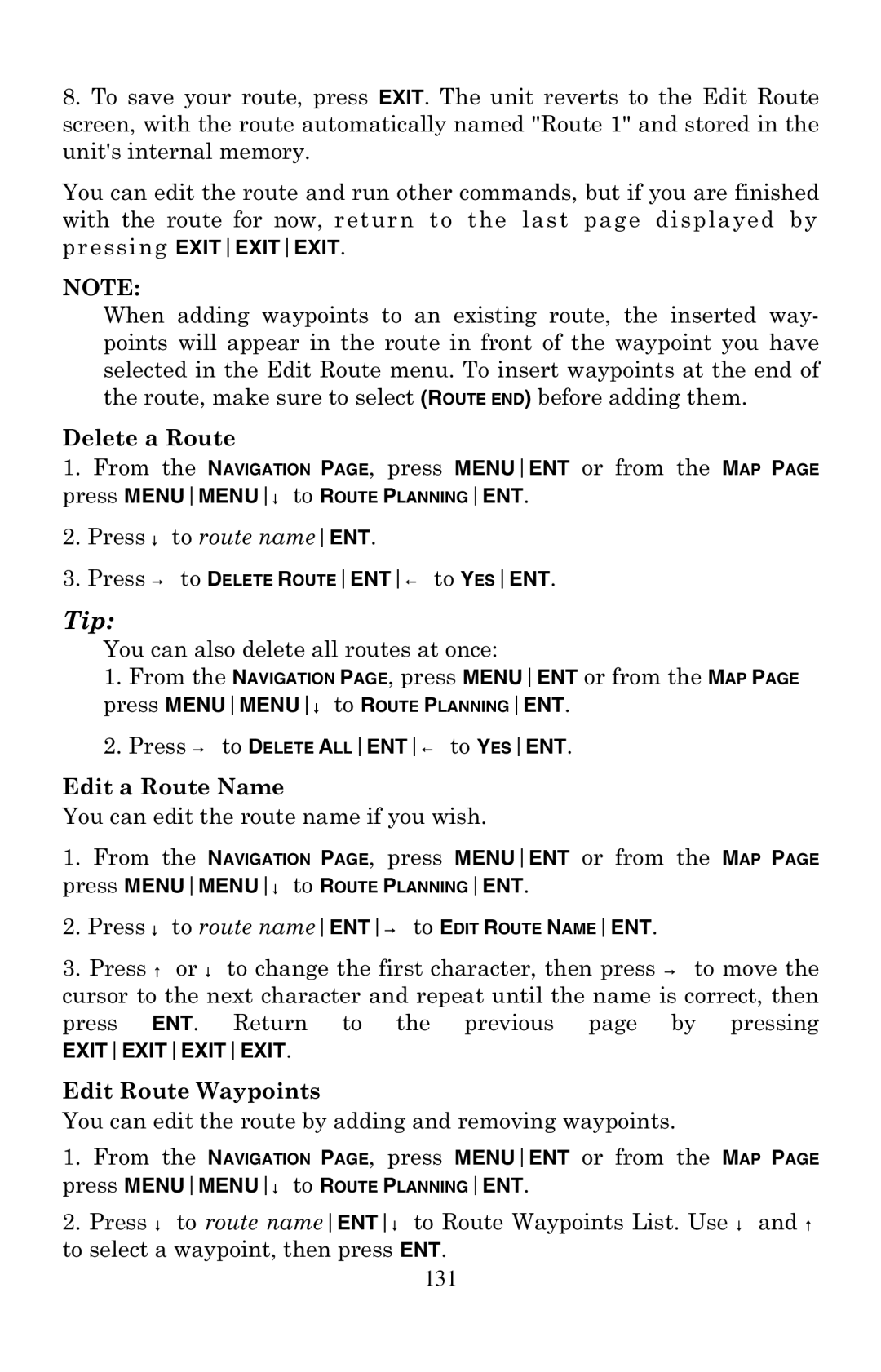 Eagle Electronics 500C manual Delete a Route, Edit a Route Name, Edit Route Waypoints 