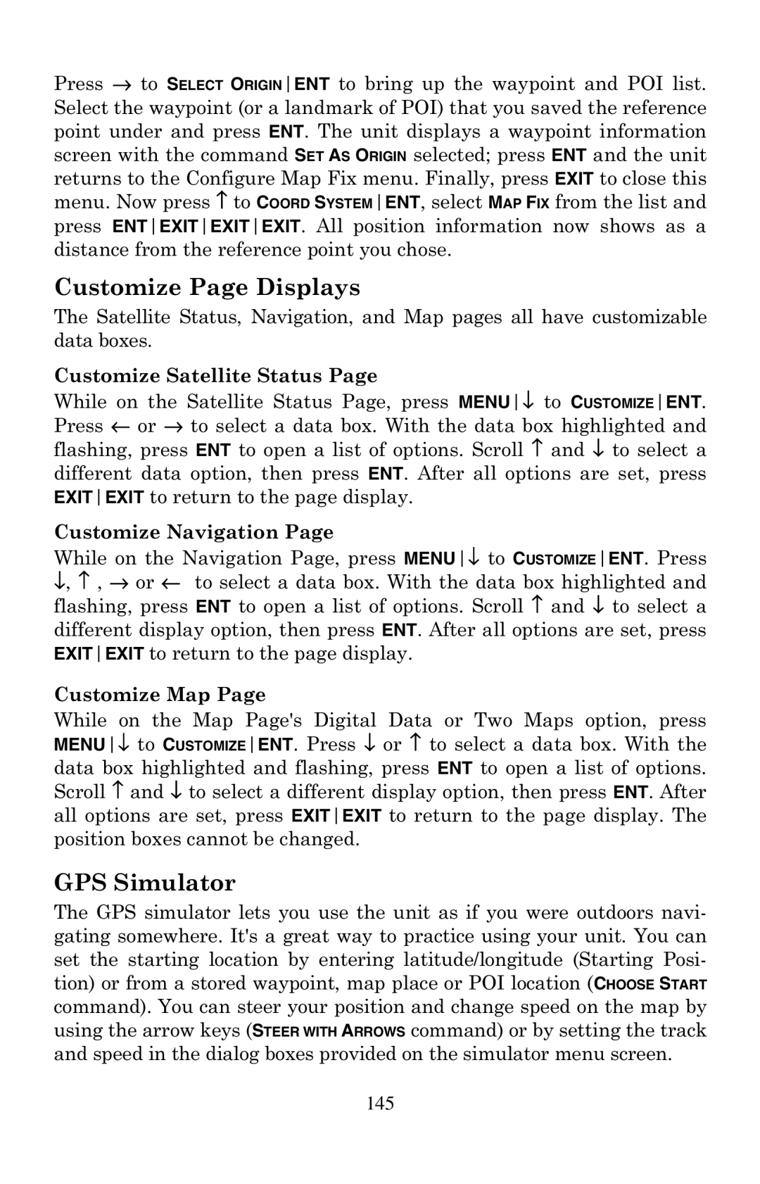 Eagle Electronics 500C manual GPS Simulator, Customize Satellite Status, Customize Navigation, Customize Map 