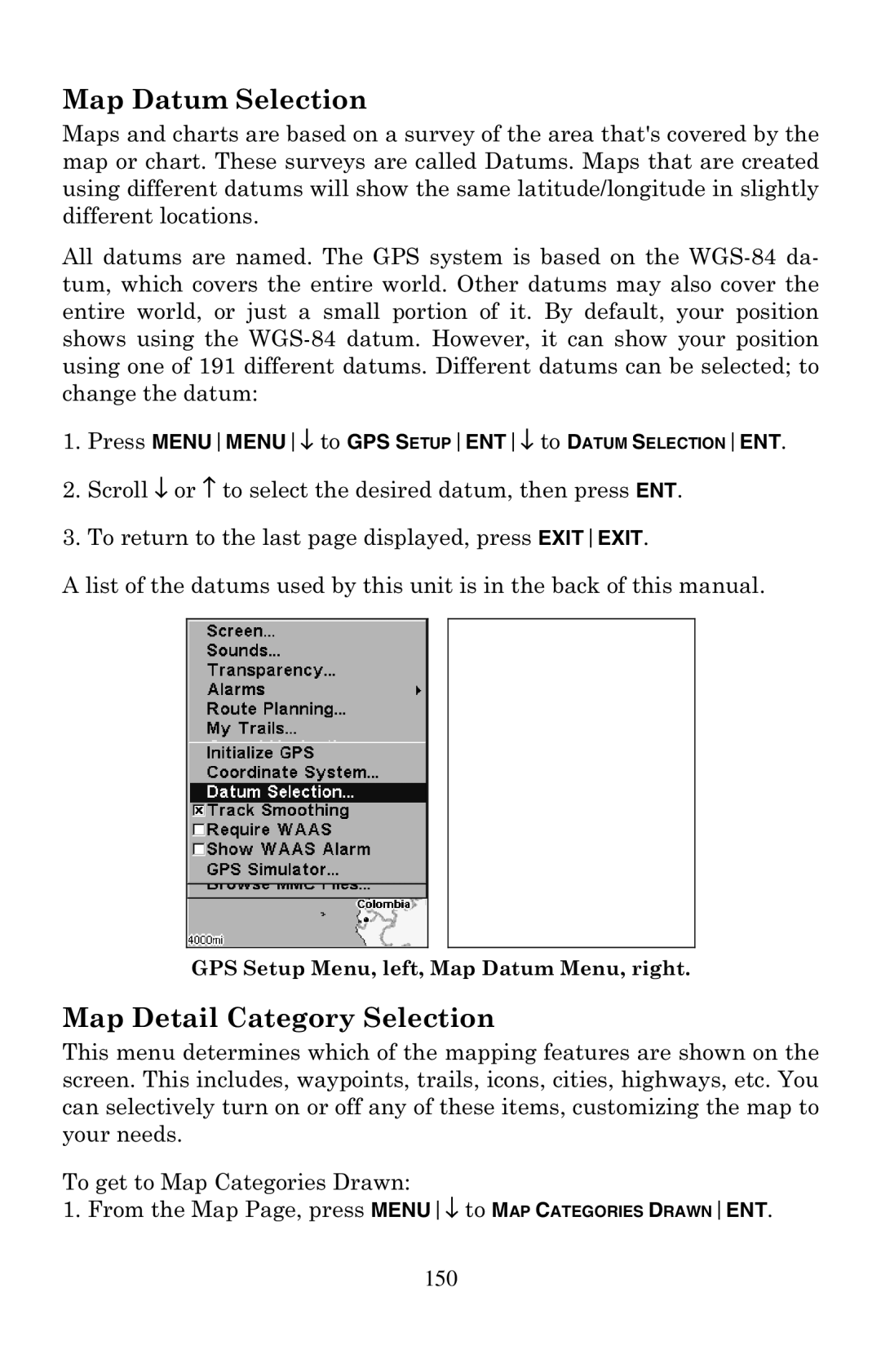 Eagle Electronics 500C manual Map Datum Selection, Map Detail Category Selection 