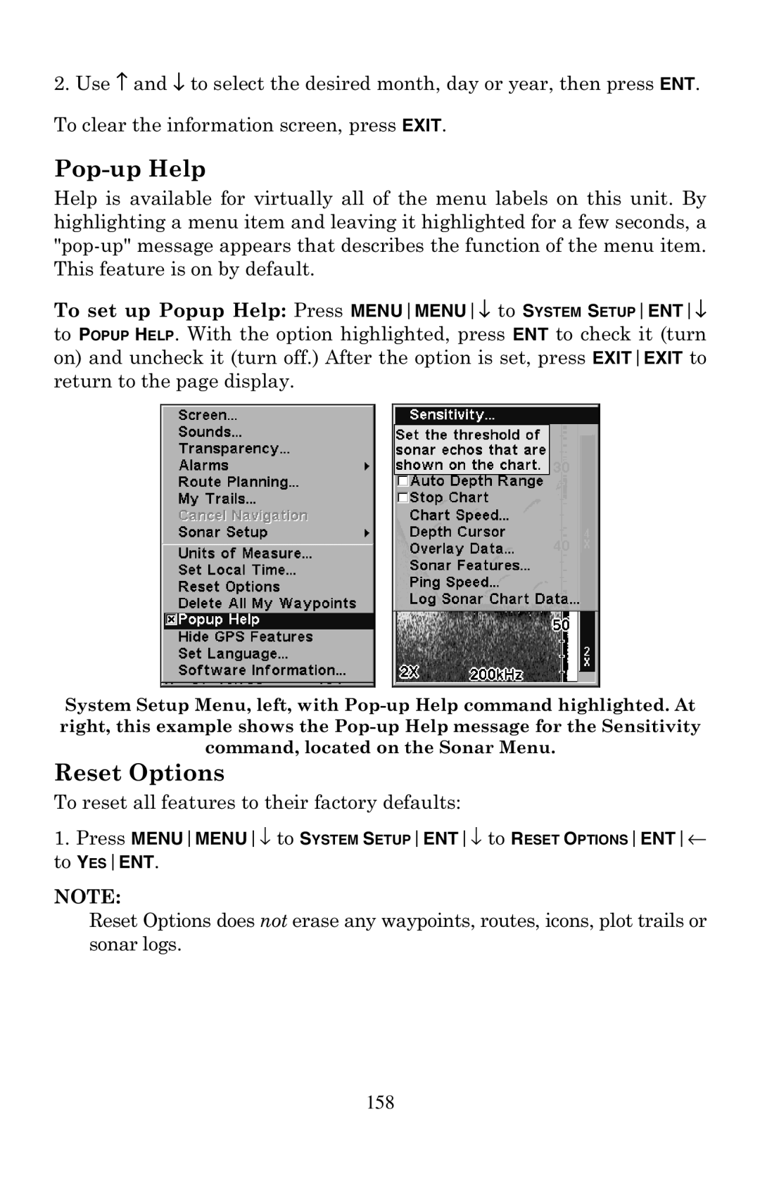 Eagle Electronics 500C manual Pop-up Help, Reset Options 