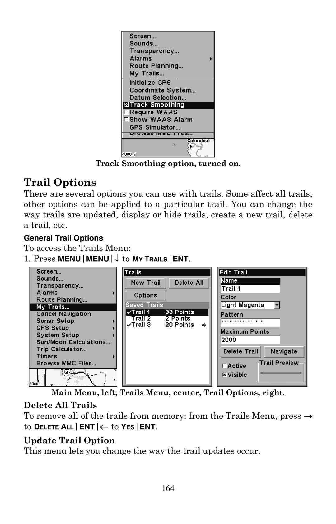 Eagle Electronics 500C manual Delete All Trails, Update Trail Option, General Trail Options 