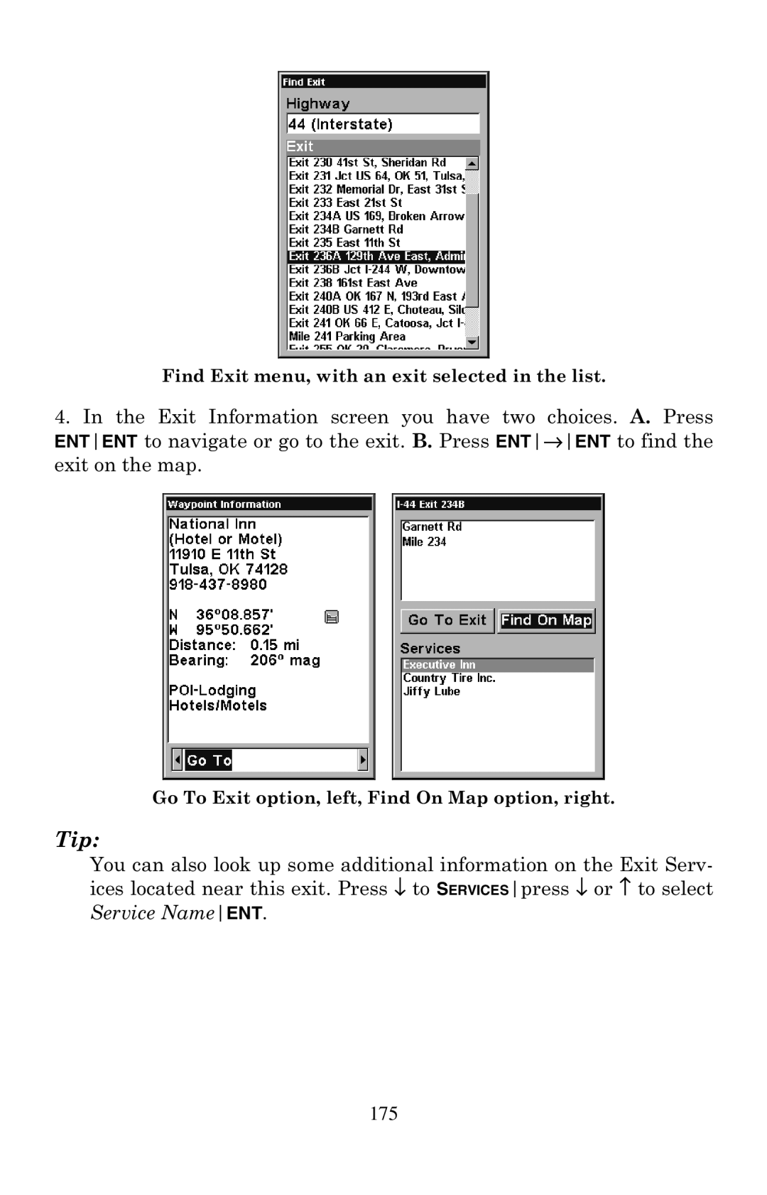 Eagle Electronics 500C manual Find Exit menu, with an exit selected in the list 