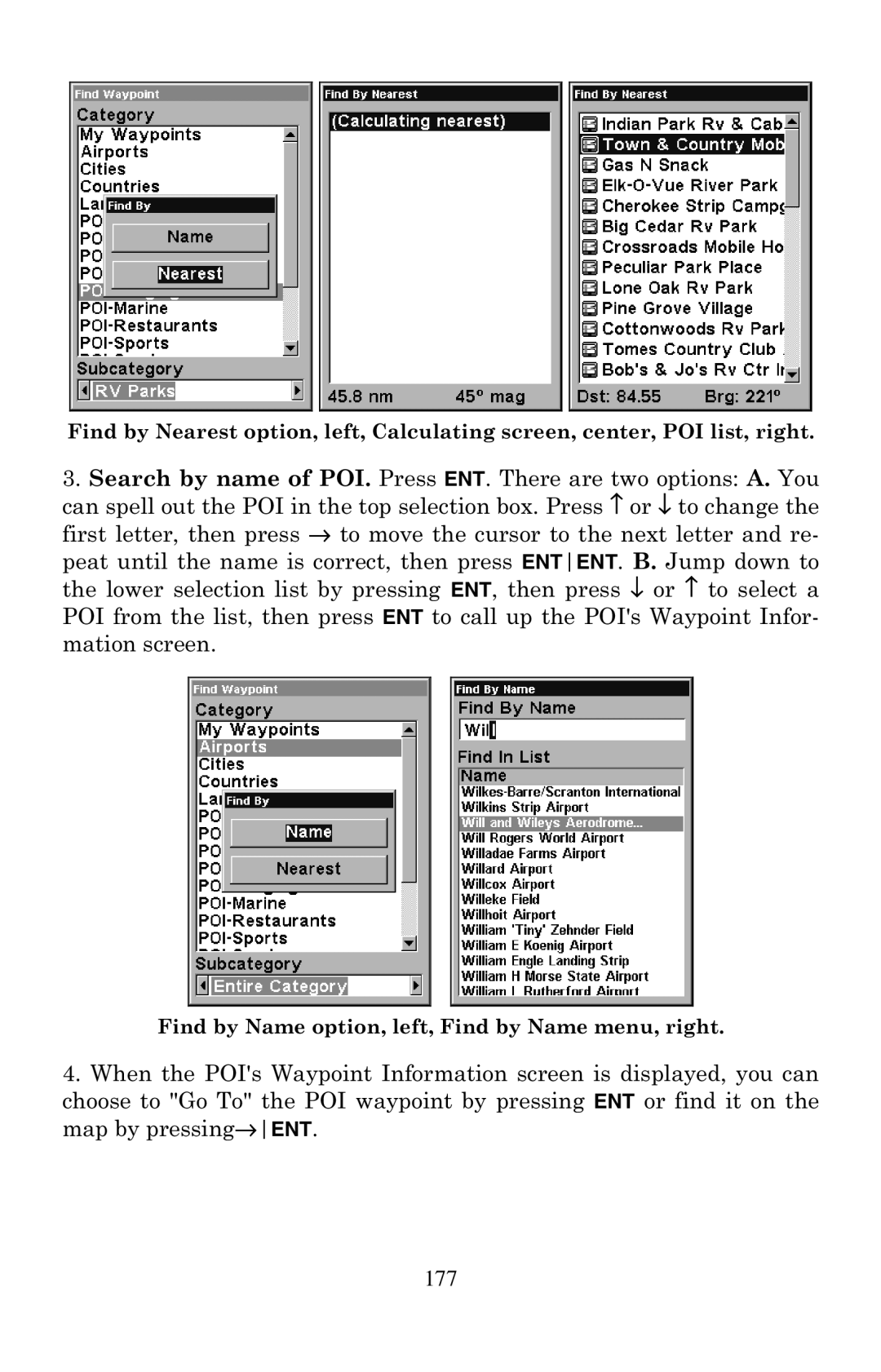 Eagle Electronics 500C manual Find by Name option, left, Find by Name menu, right 