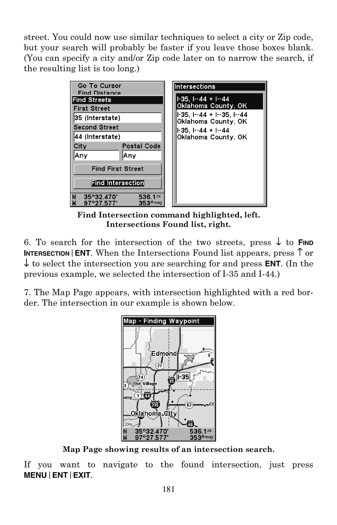 Eagle Electronics 500C manual Map Page showing results of an intersection search 