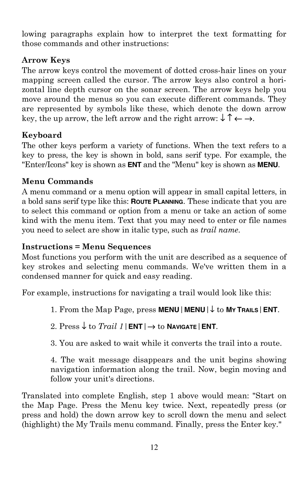 Eagle Electronics 500C manual Arrow Keys, Keyboard, Menu Commands, Instructions = Menu Sequences 