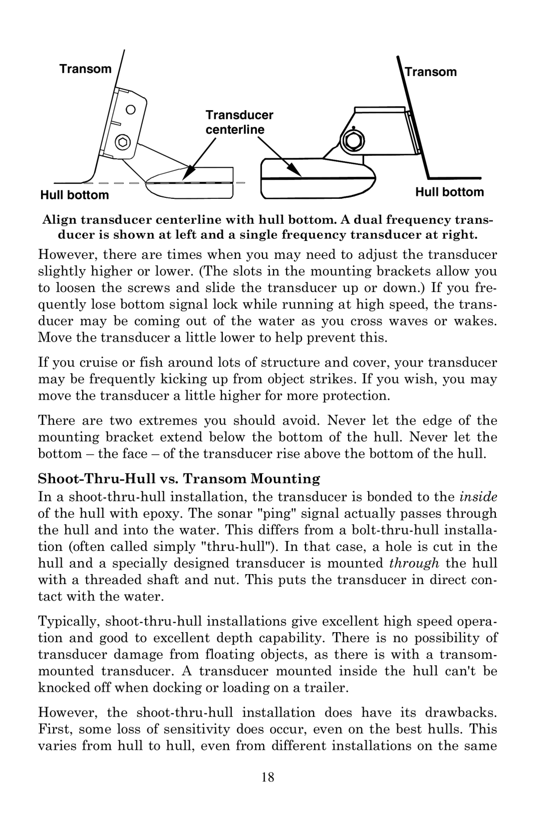 Eagle Electronics 500C manual Shoot-Thru-Hull vs. Transom Mounting, Transducer centerline Hull bottom 