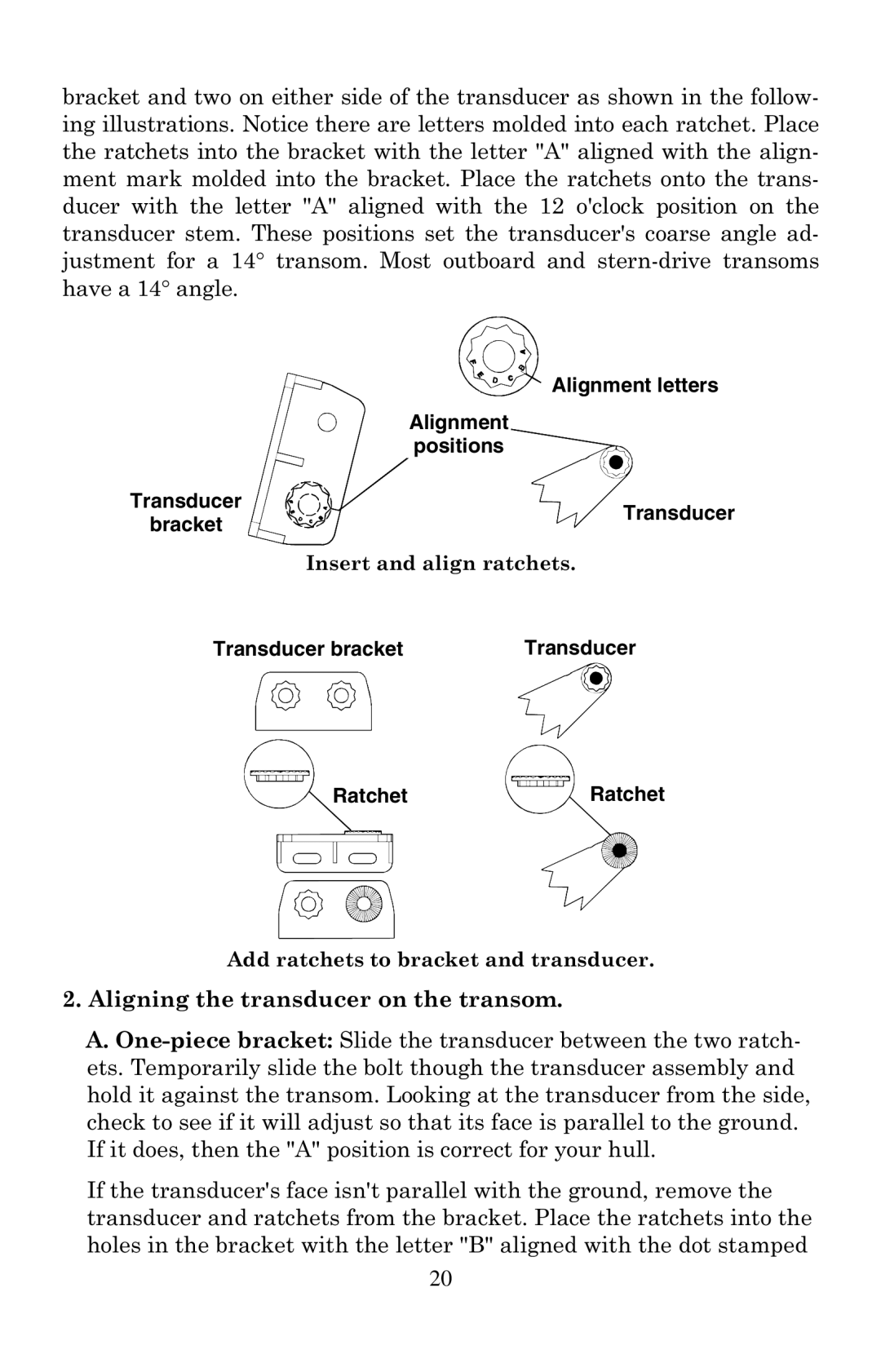 Eagle Electronics 500C manual Aligning the transducer on the transom, Alignment letters Positions Transducer 