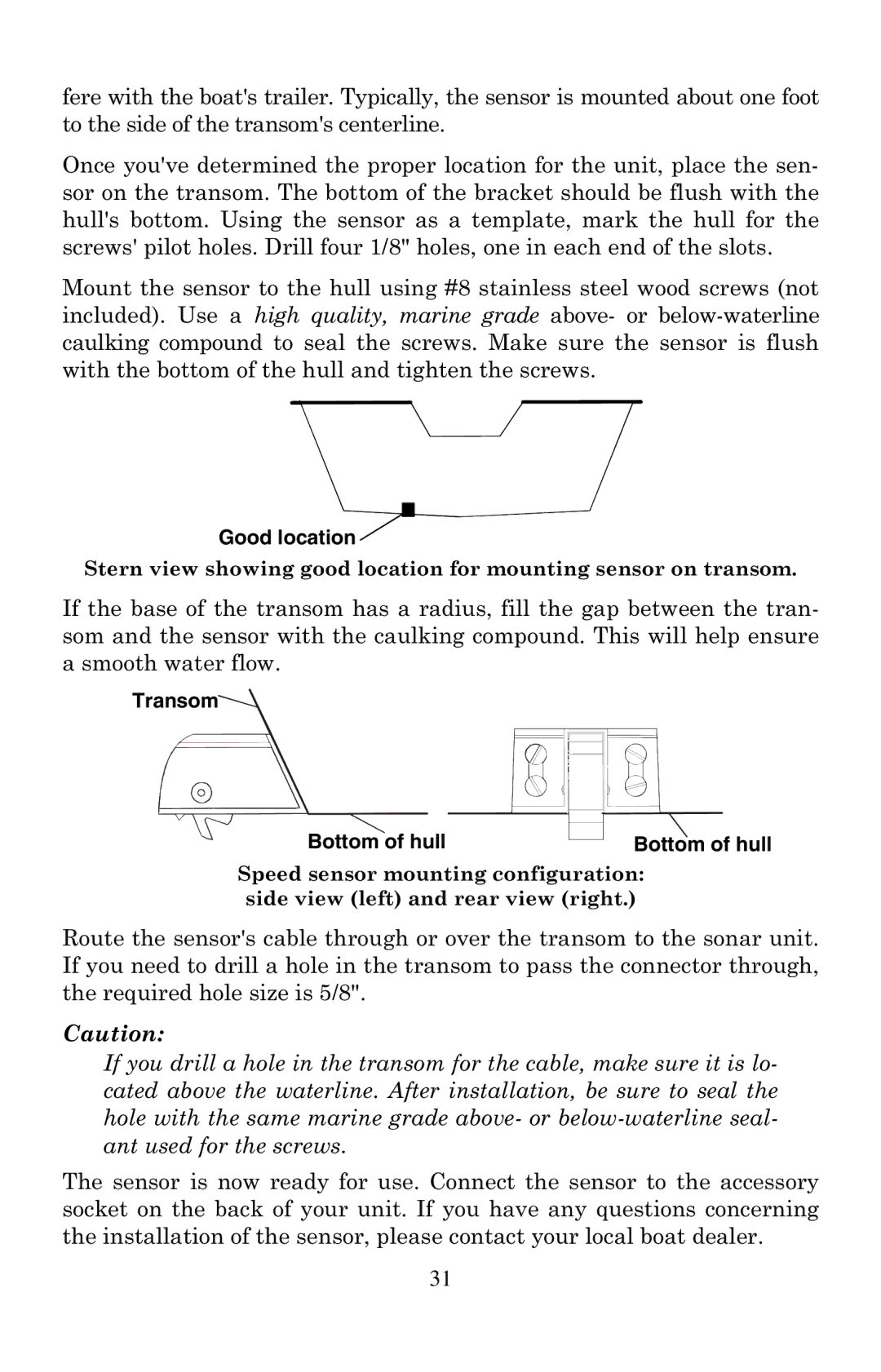 Eagle Electronics 500C manual Good location, Transom Bottom of hull 