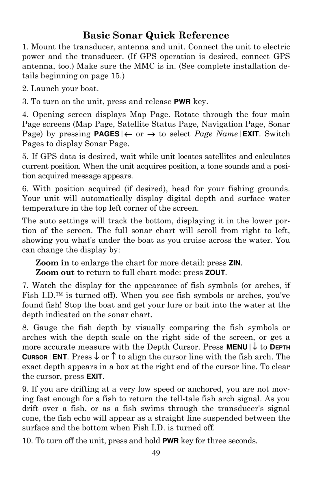 Eagle Electronics 500C manual Basic Sonar Quick Reference 