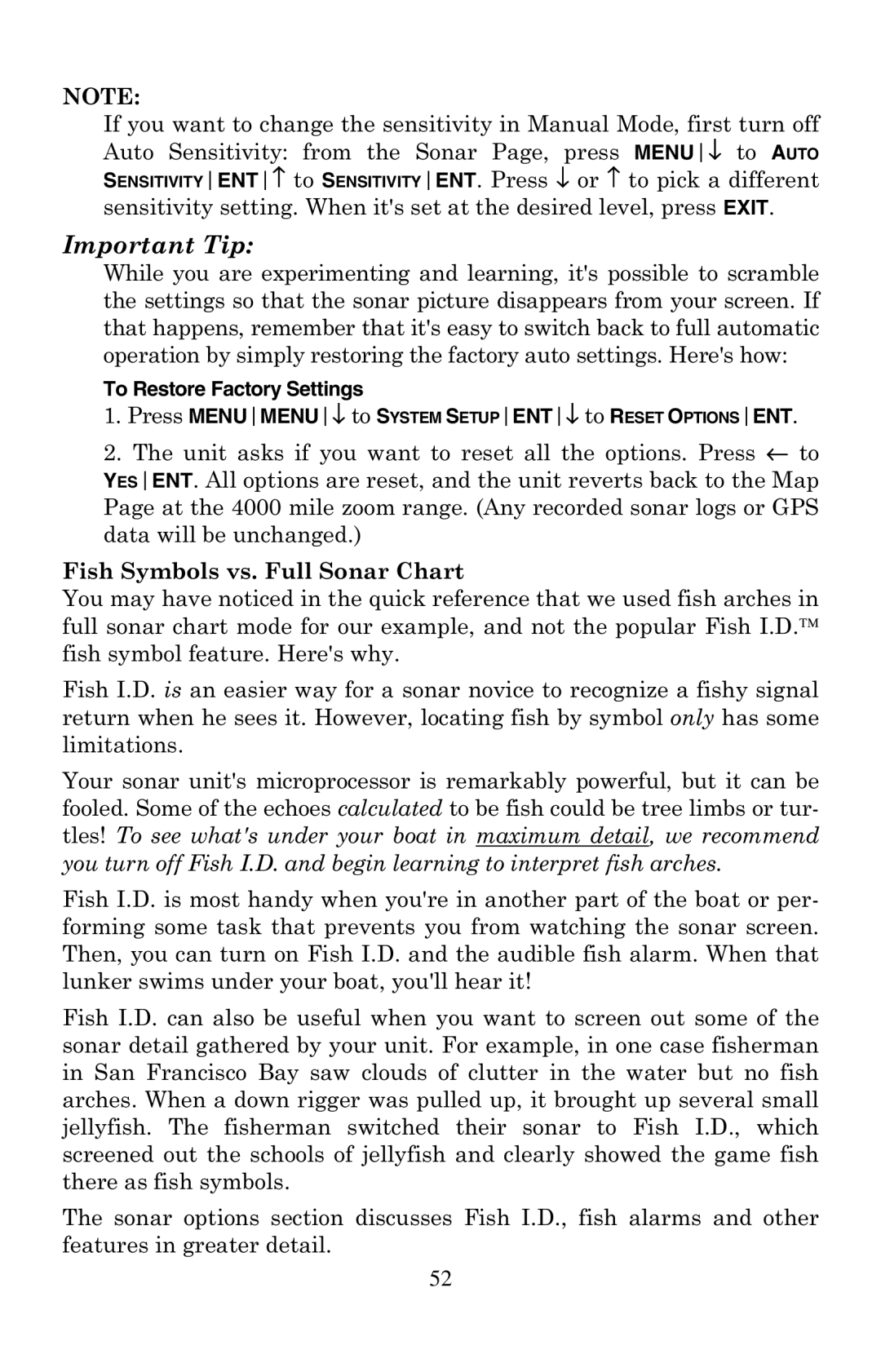 Eagle Electronics 500C manual Fish Symbols vs. Full Sonar Chart, To Restore Factory Settings 