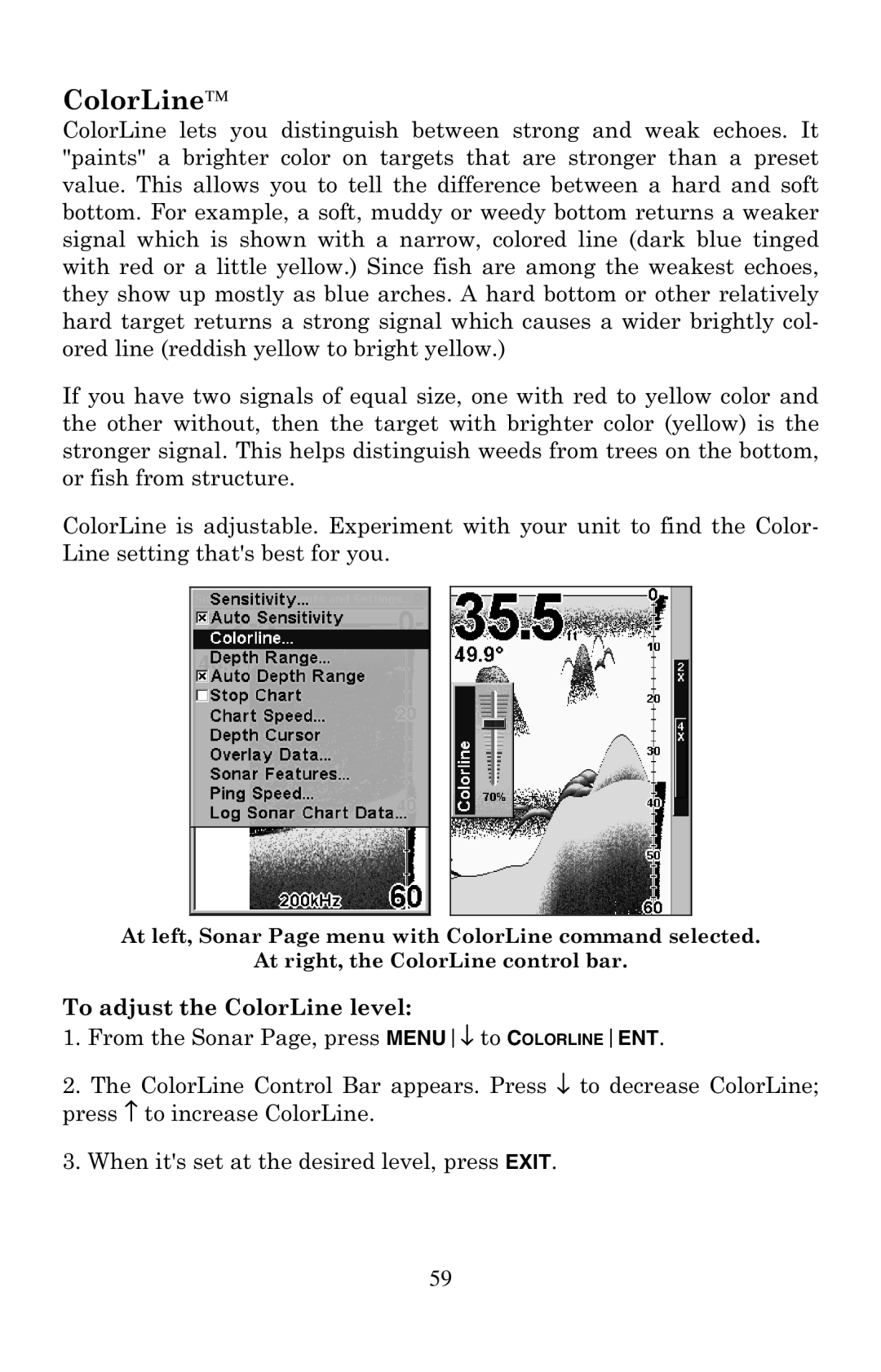 Eagle Electronics 500C manual ColorLine, To adjust the ColorLine level 