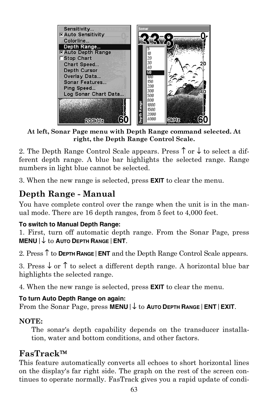 Eagle Electronics 500C Depth Range Manual, FasTrack, To switch to Manual Depth Range, To turn Auto Depth Range on again 