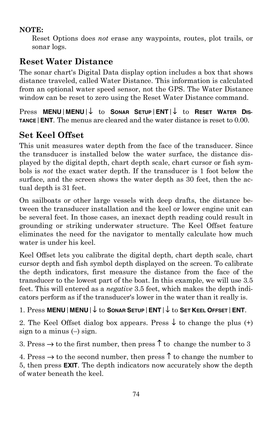 Eagle Electronics 500C manual Reset Water Distance, Set Keel Offset 