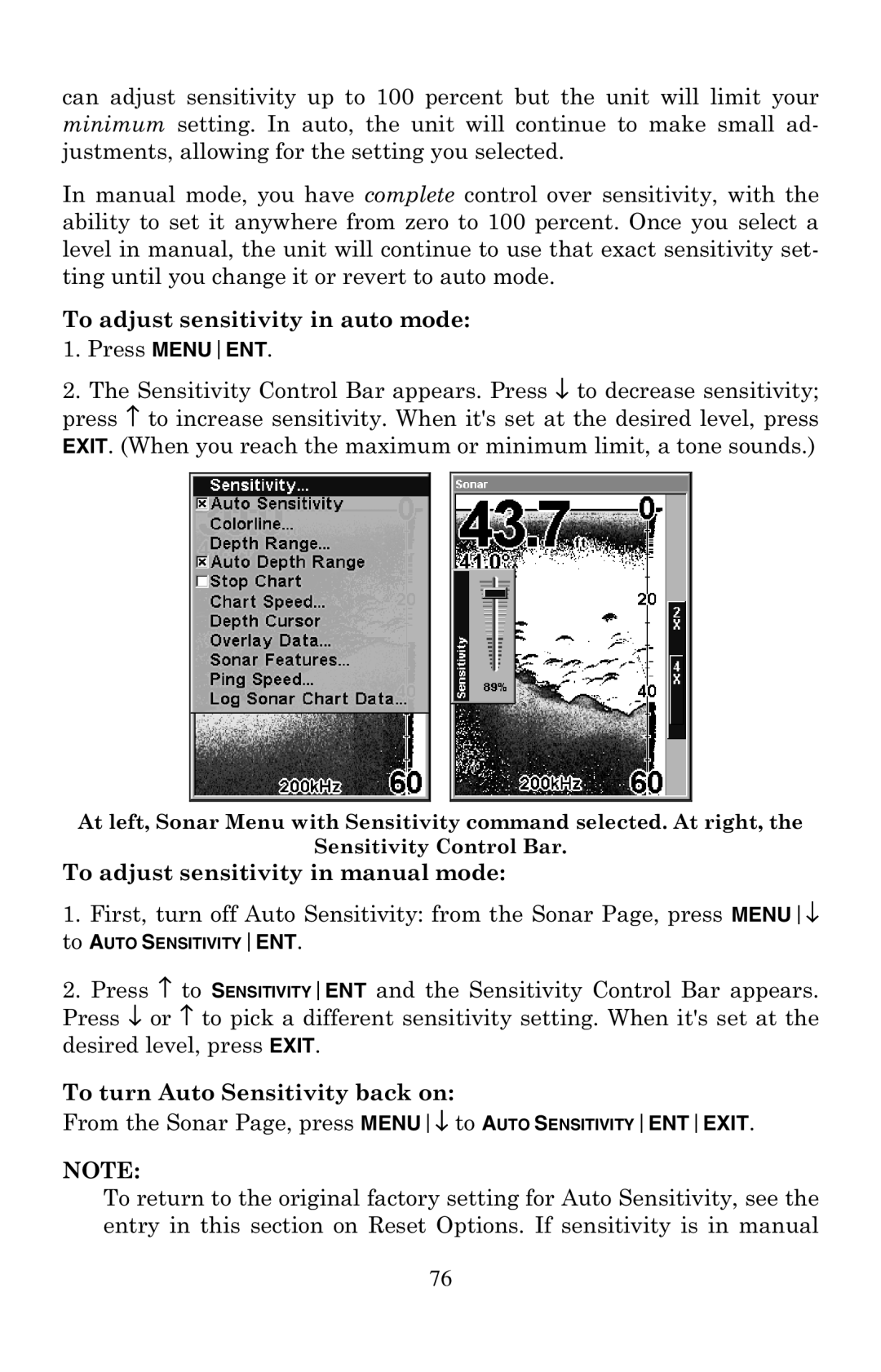 Eagle Electronics 500C To adjust sensitivity in auto mode, To adjust sensitivity in manual mode 