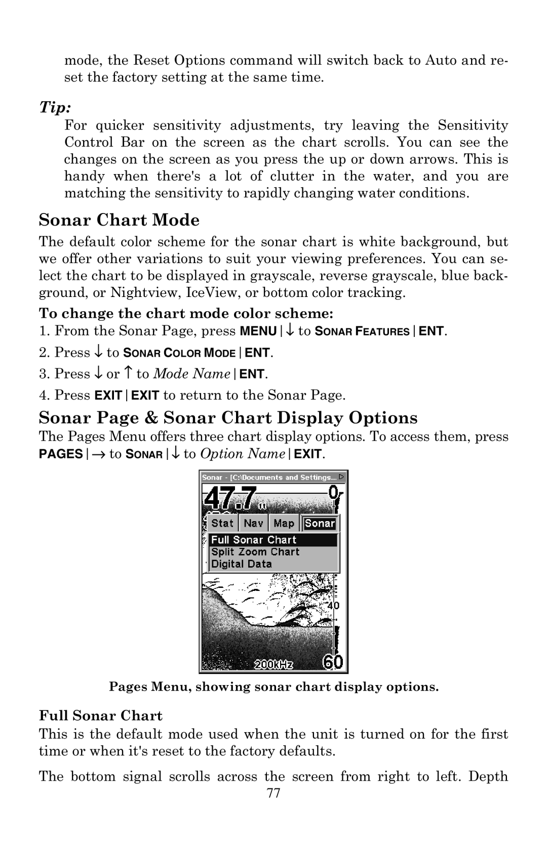 Eagle Electronics 500C Sonar Chart Mode, Sonar Page & Sonar Chart Display Options, To change the chart mode color scheme 