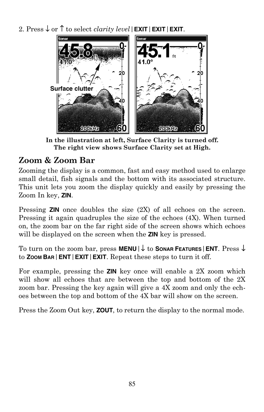 Eagle Electronics 500C manual Zoom & Zoom Bar, Surface clutter 