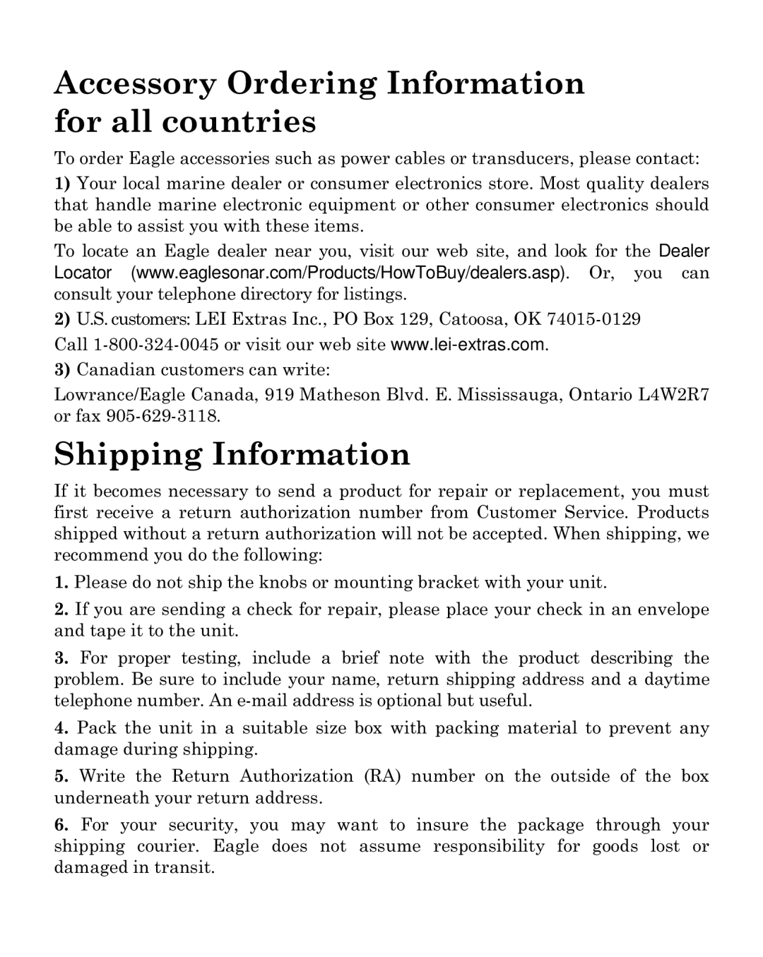 Eagle Electronics 500CDF manual Accessory Ordering Information for all countries 